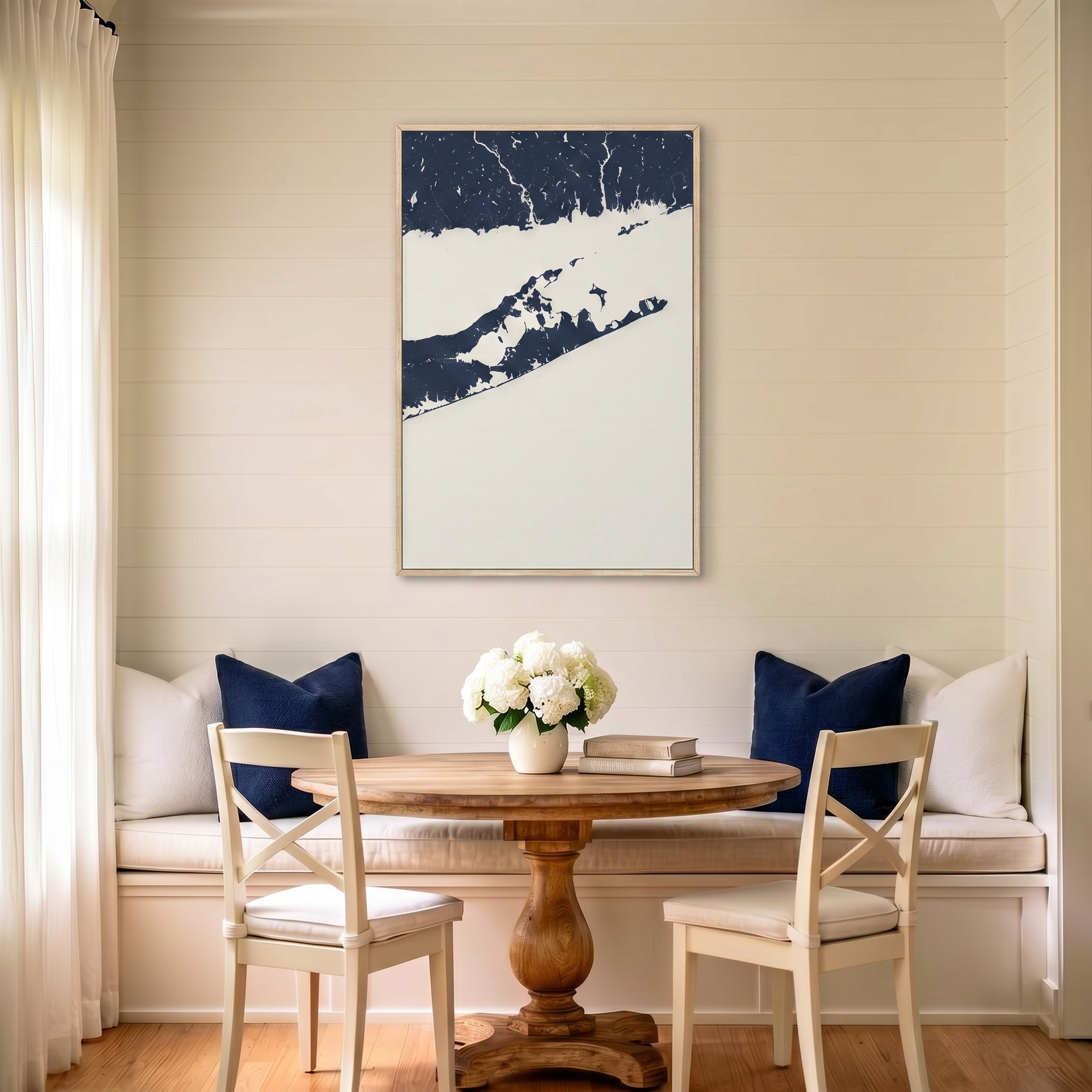 The Hamptons canvas map art in dining nook setting