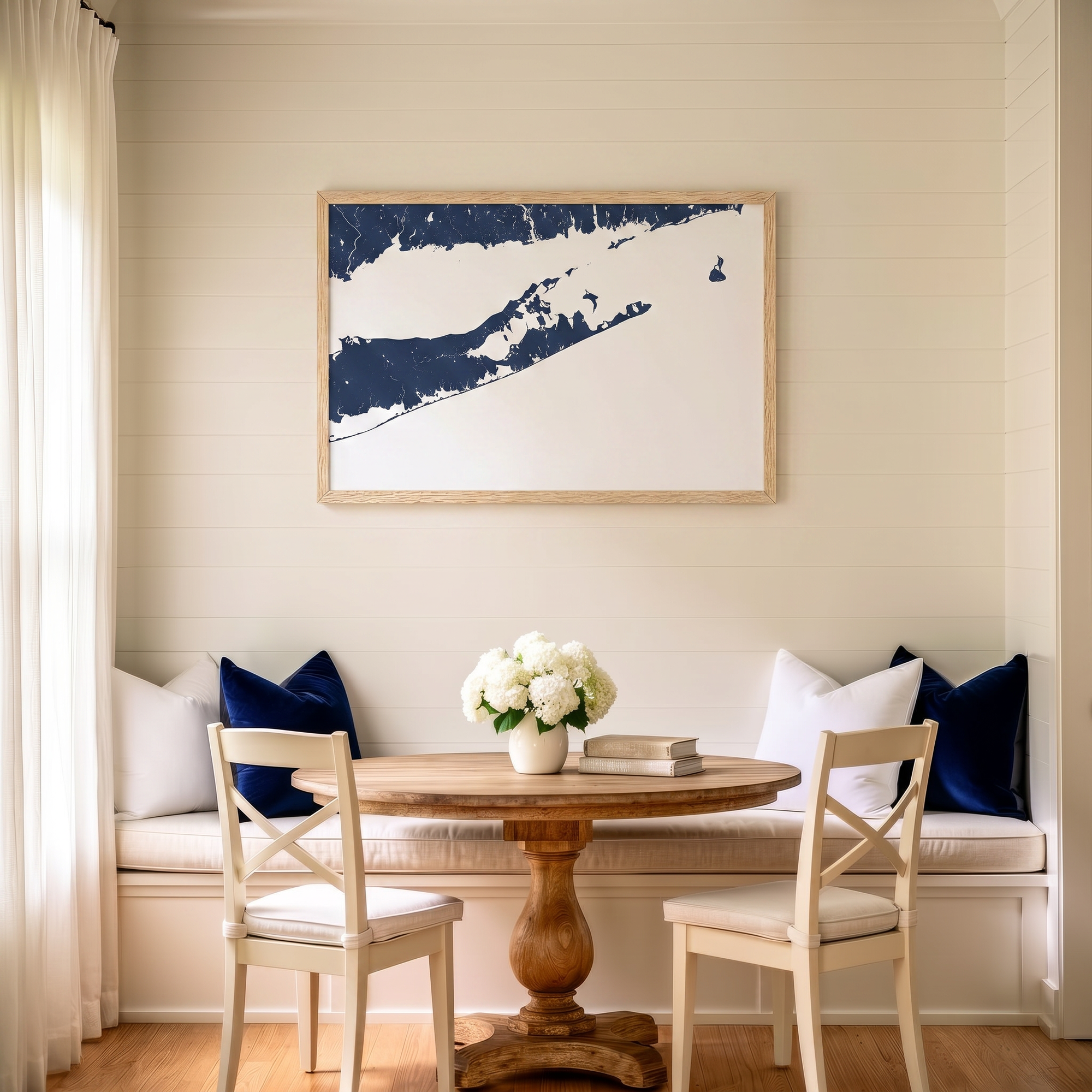 The Hamptons matte map art in dining nook setting