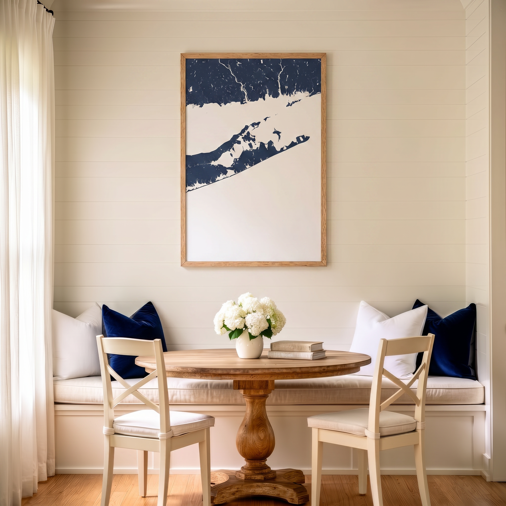 The Hamptons matte map art in dining nook setting