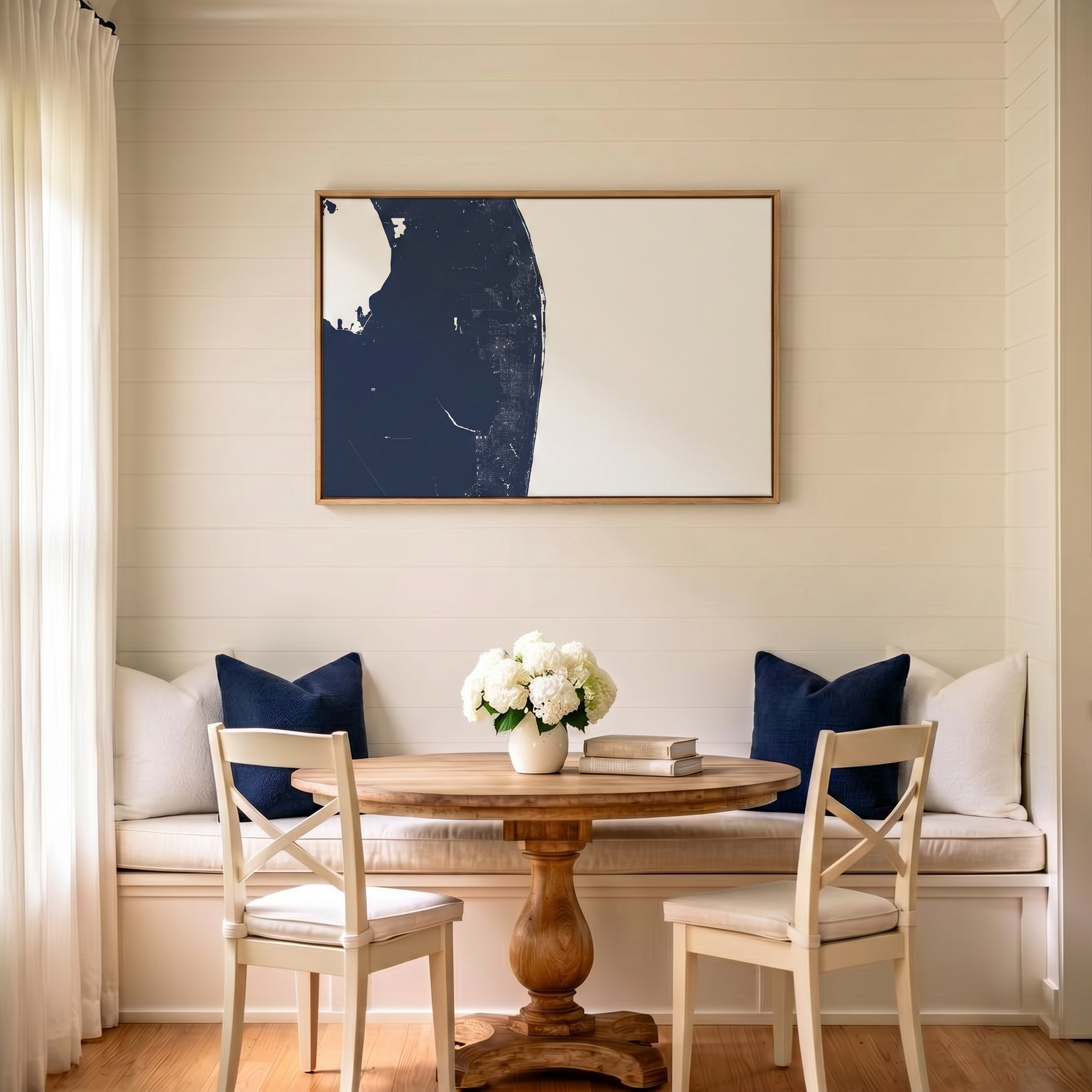 The Palm Beaches canvas map art in dining nook setting