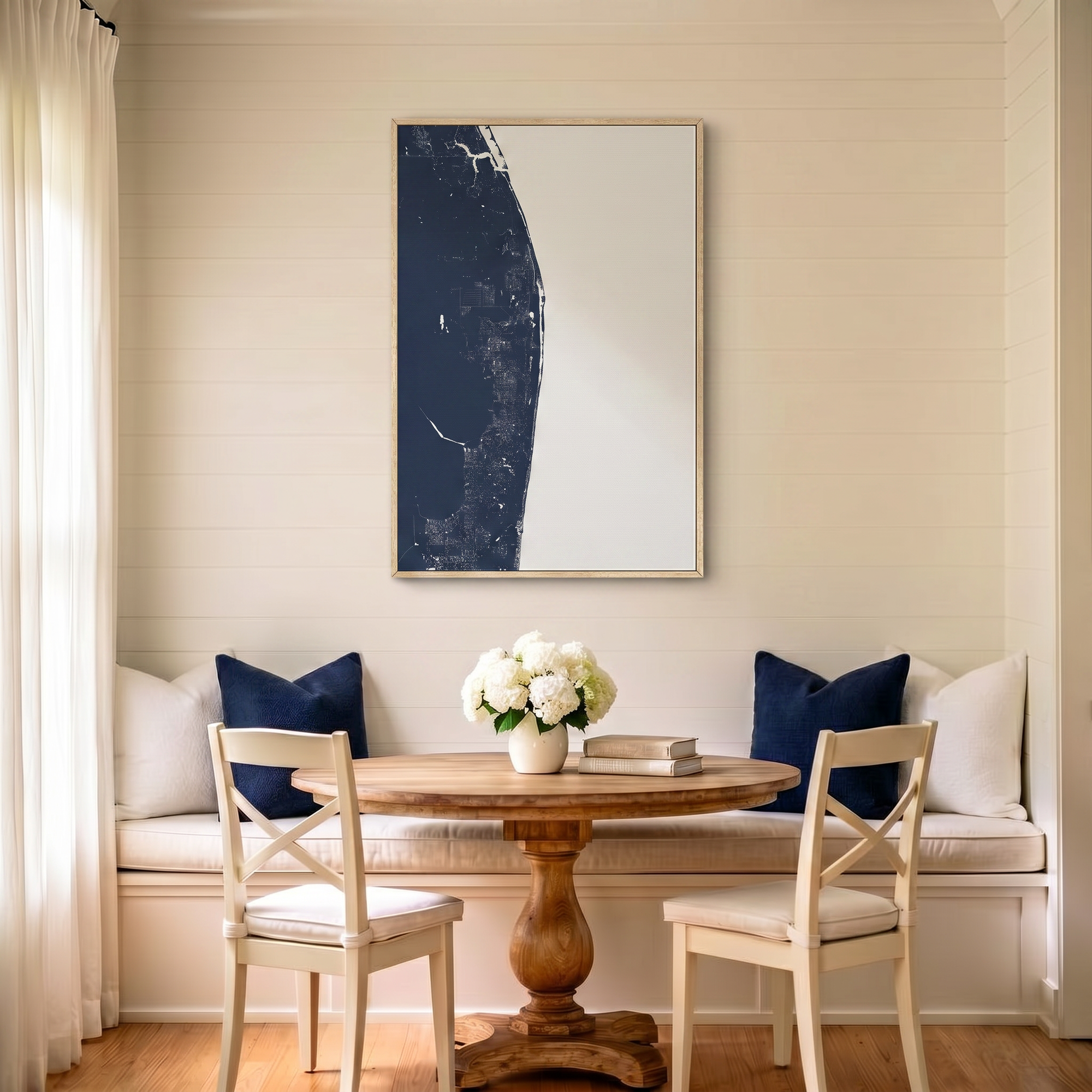 The Palm Beaches canvas map art in dining nook setting