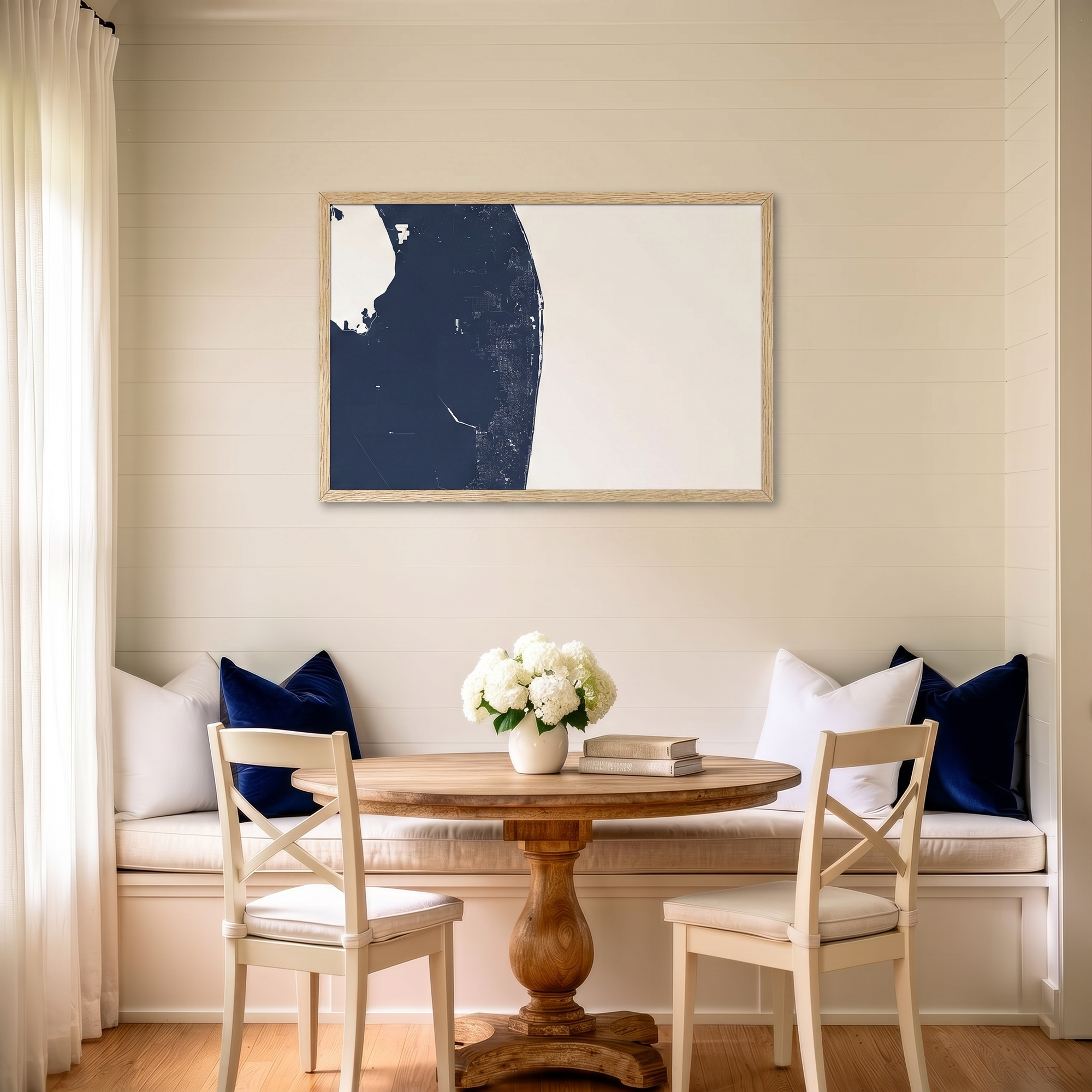 The Palm Beaches matte map art in dining nook setting