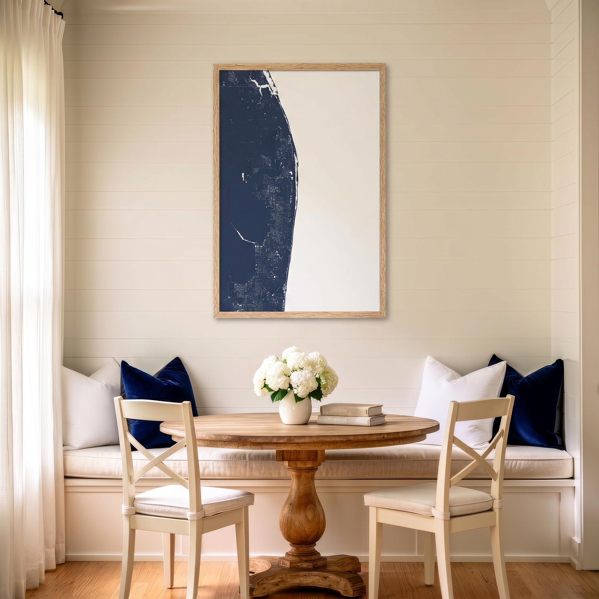 The Palm Beaches matte map art in dining nook setting