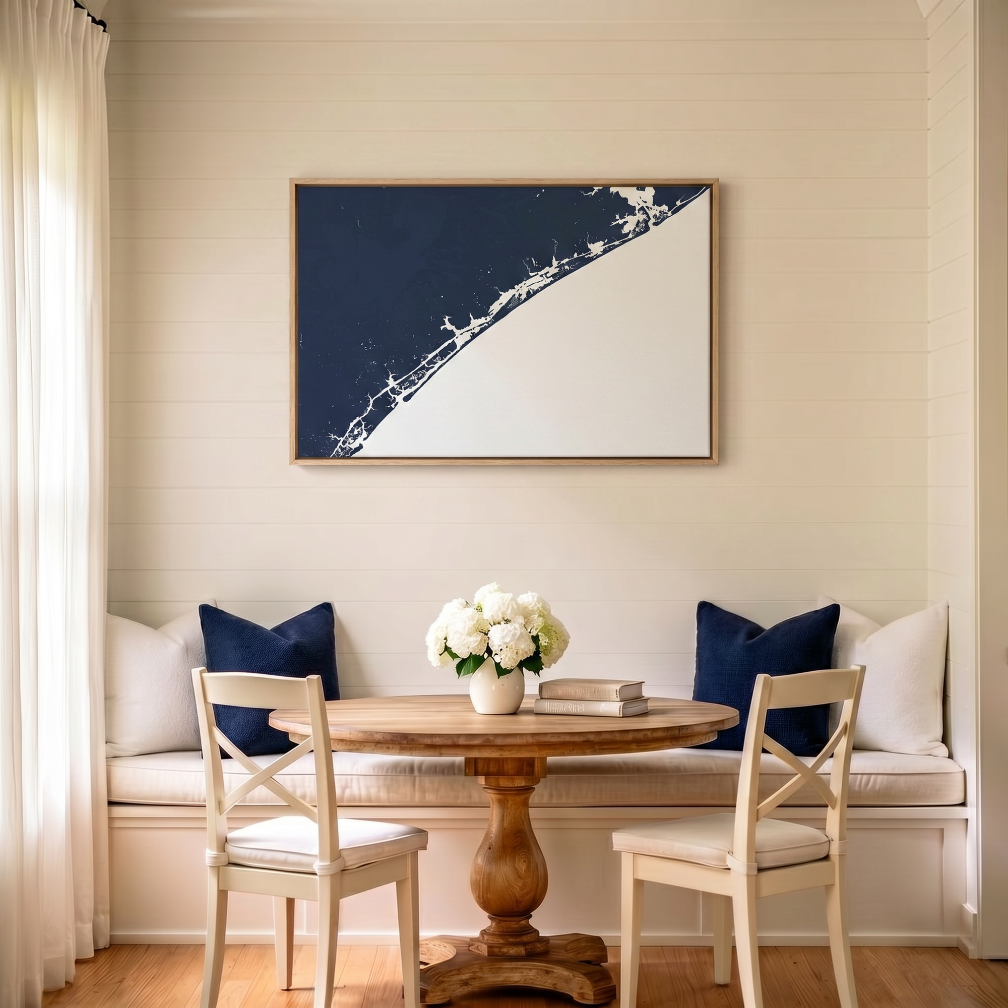 Topsail Island canvas map art in dining nook setting
