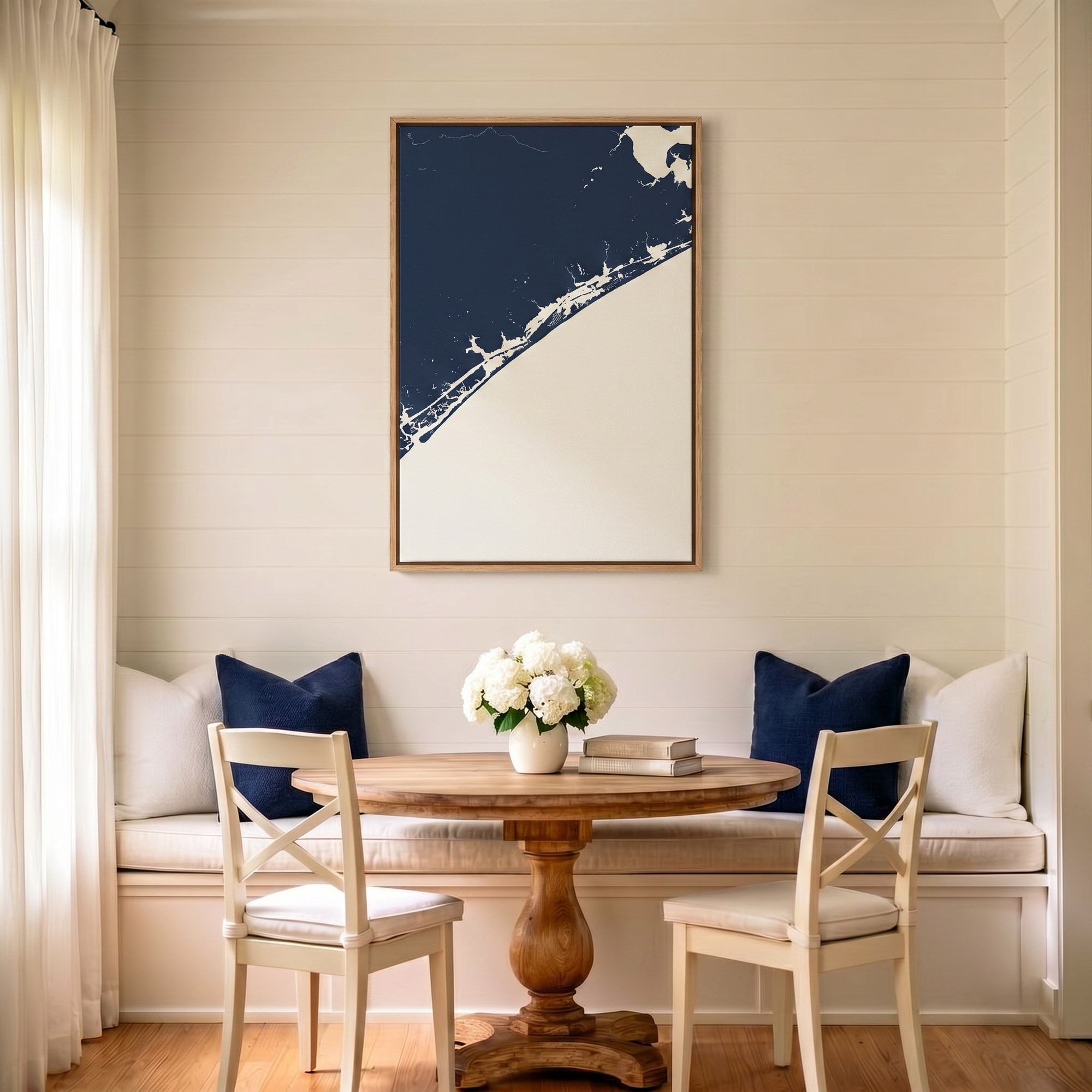 Topsail Island canvas map art in dining nook setting