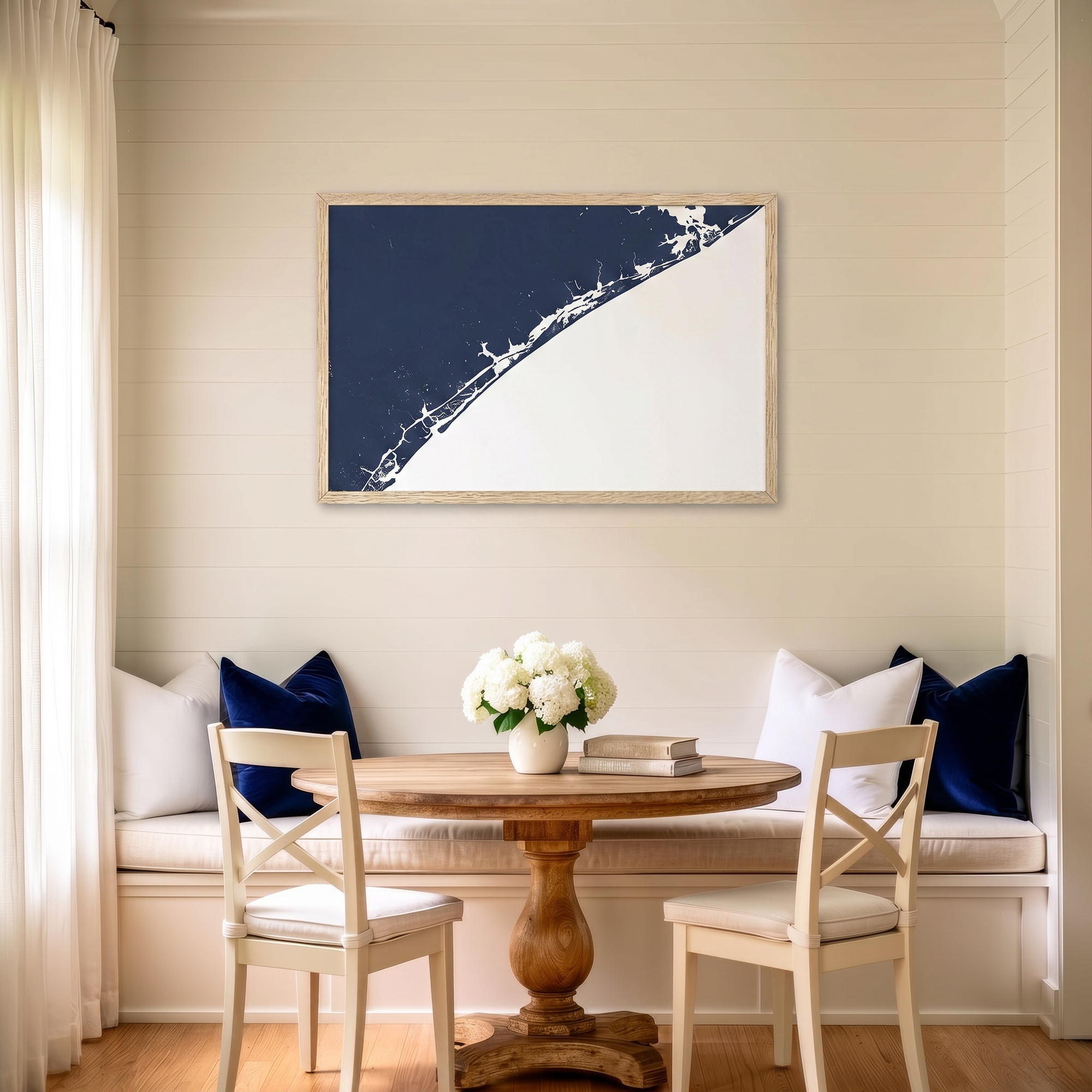 Topsail Island matte map art in dining nook setting