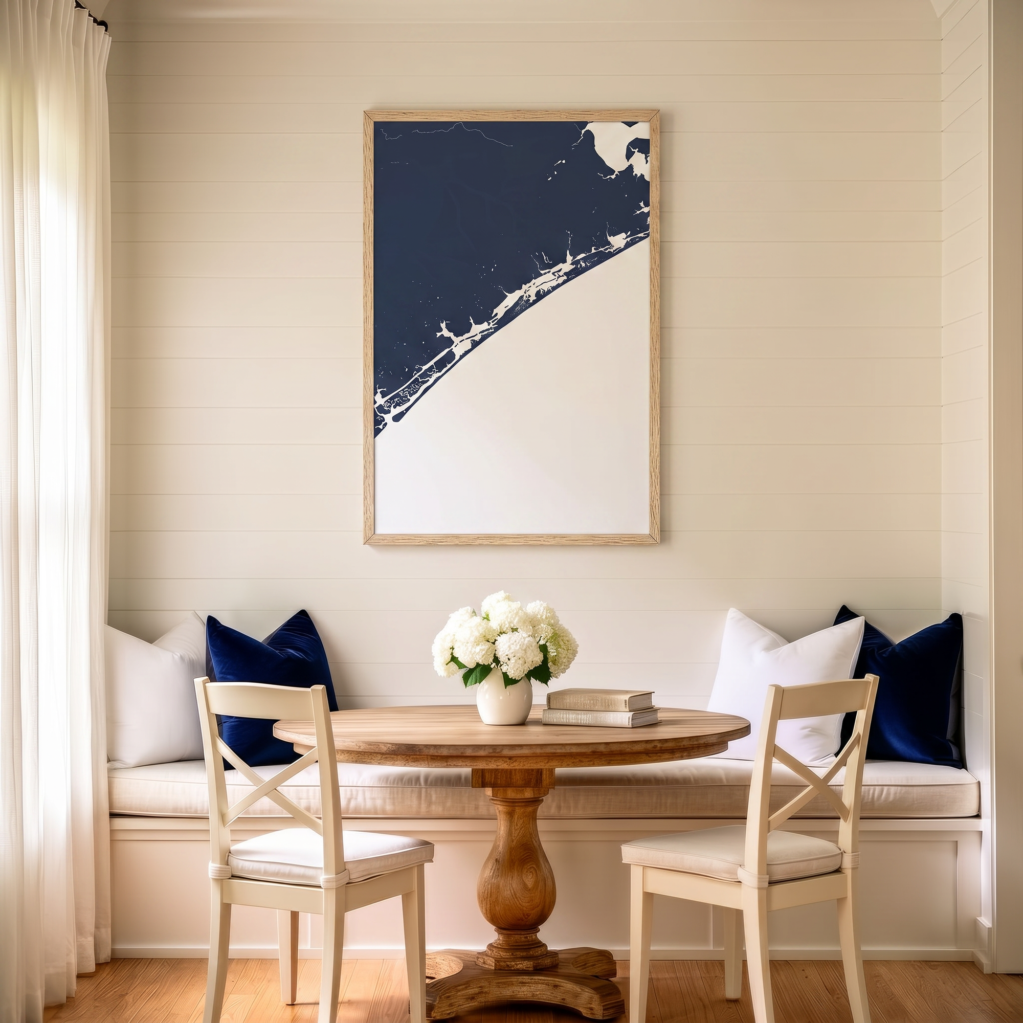 Topsail Island matte map art in dining nook setting