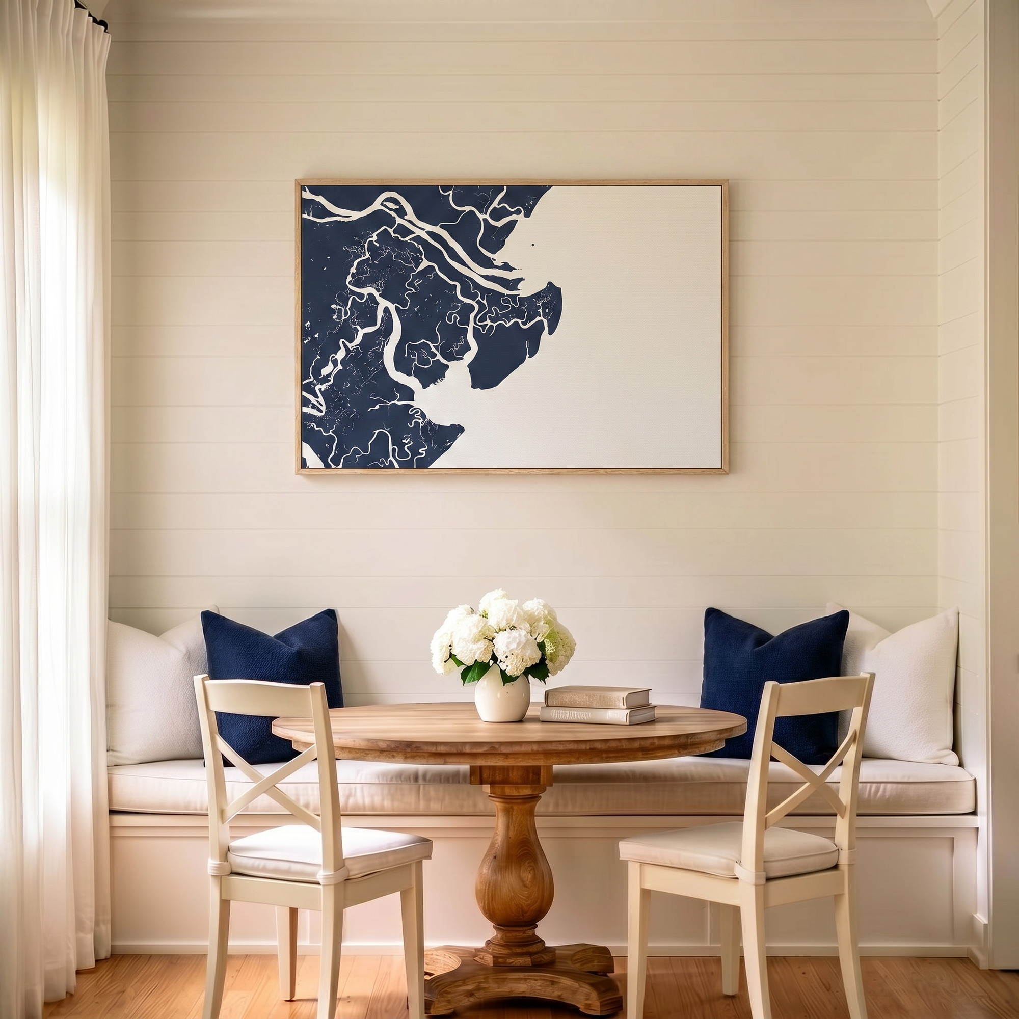 Tybee Island canvas map art in dining nook setting