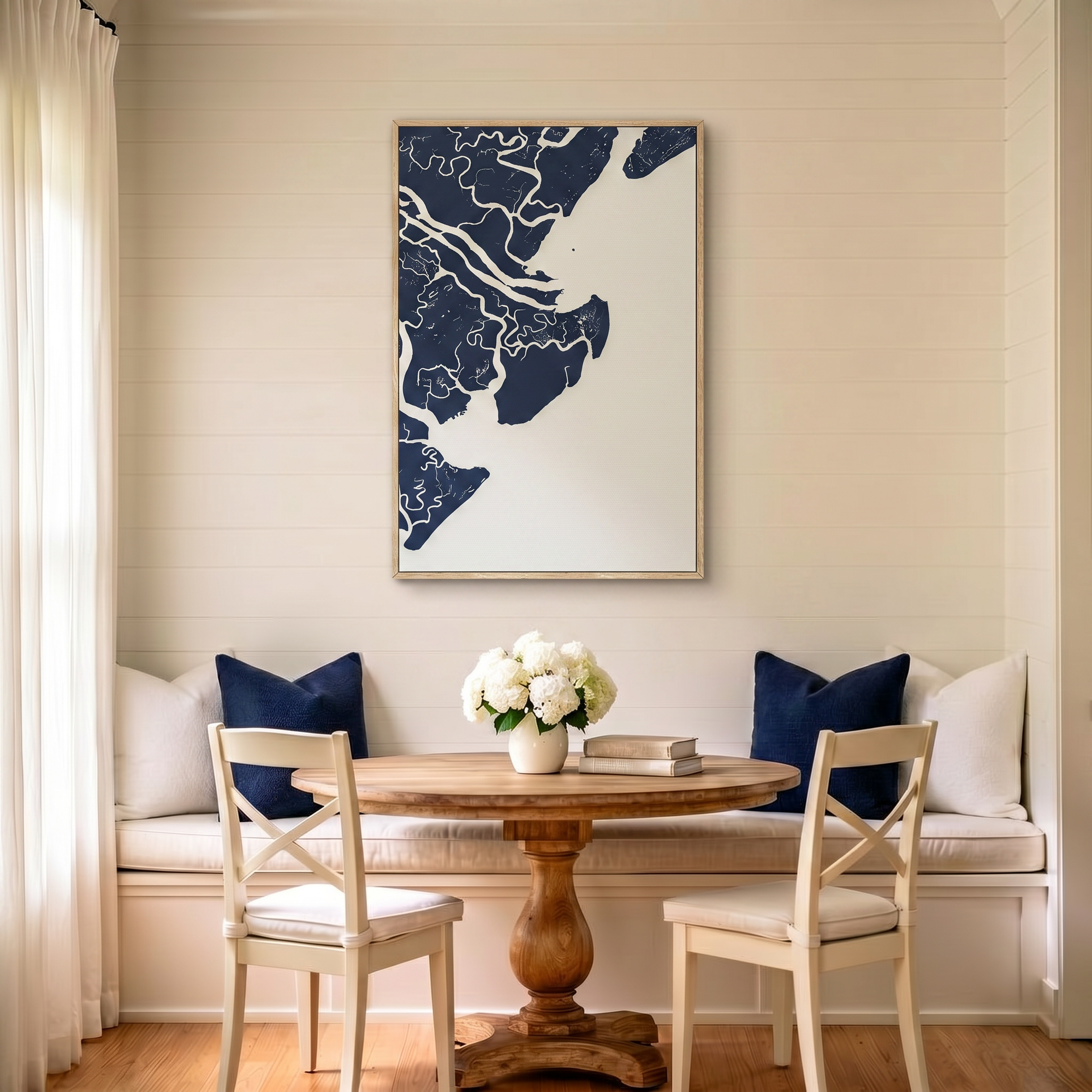 Tybee Island canvas map art in dining nook setting