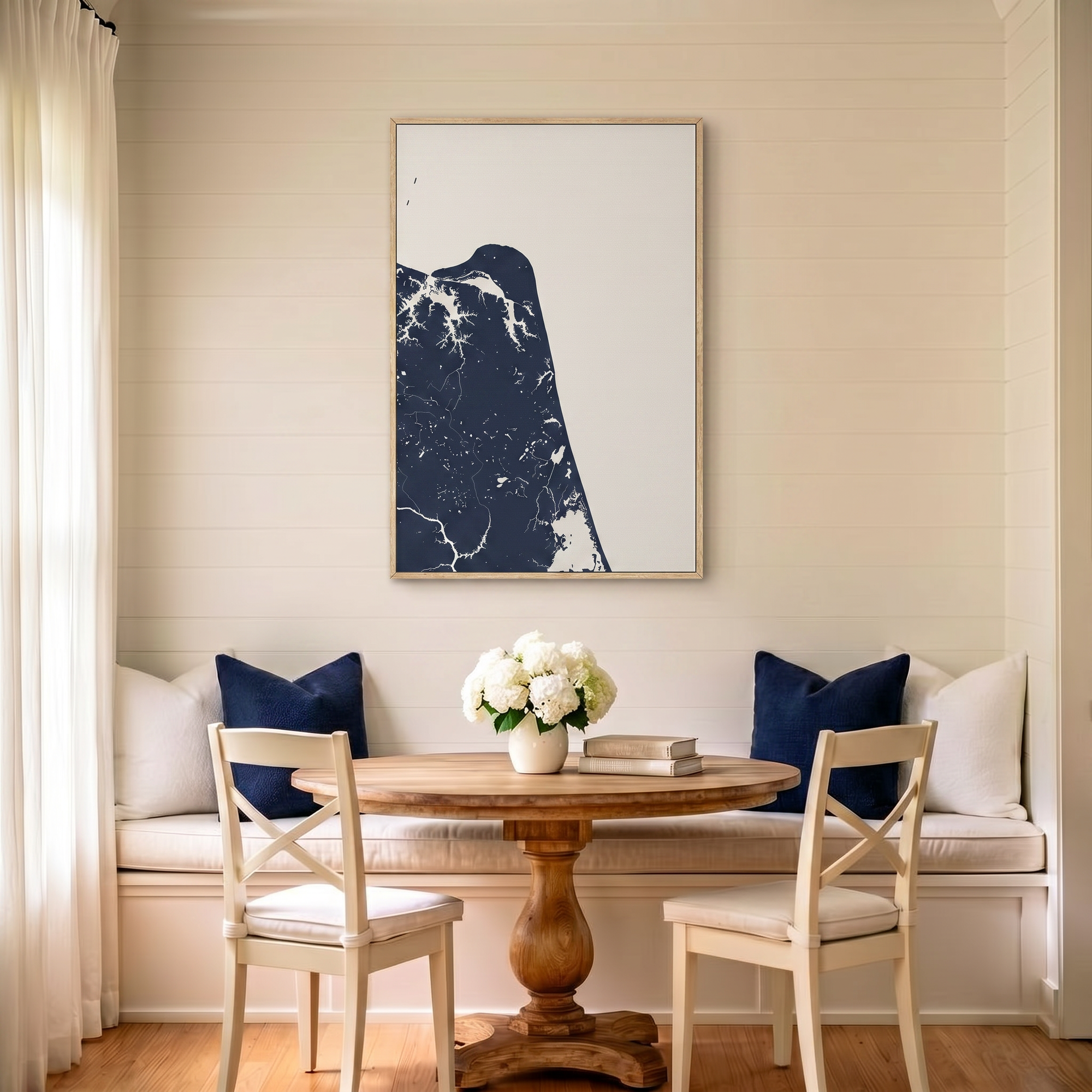 Virginia Beach canvas map art in dining nook setting