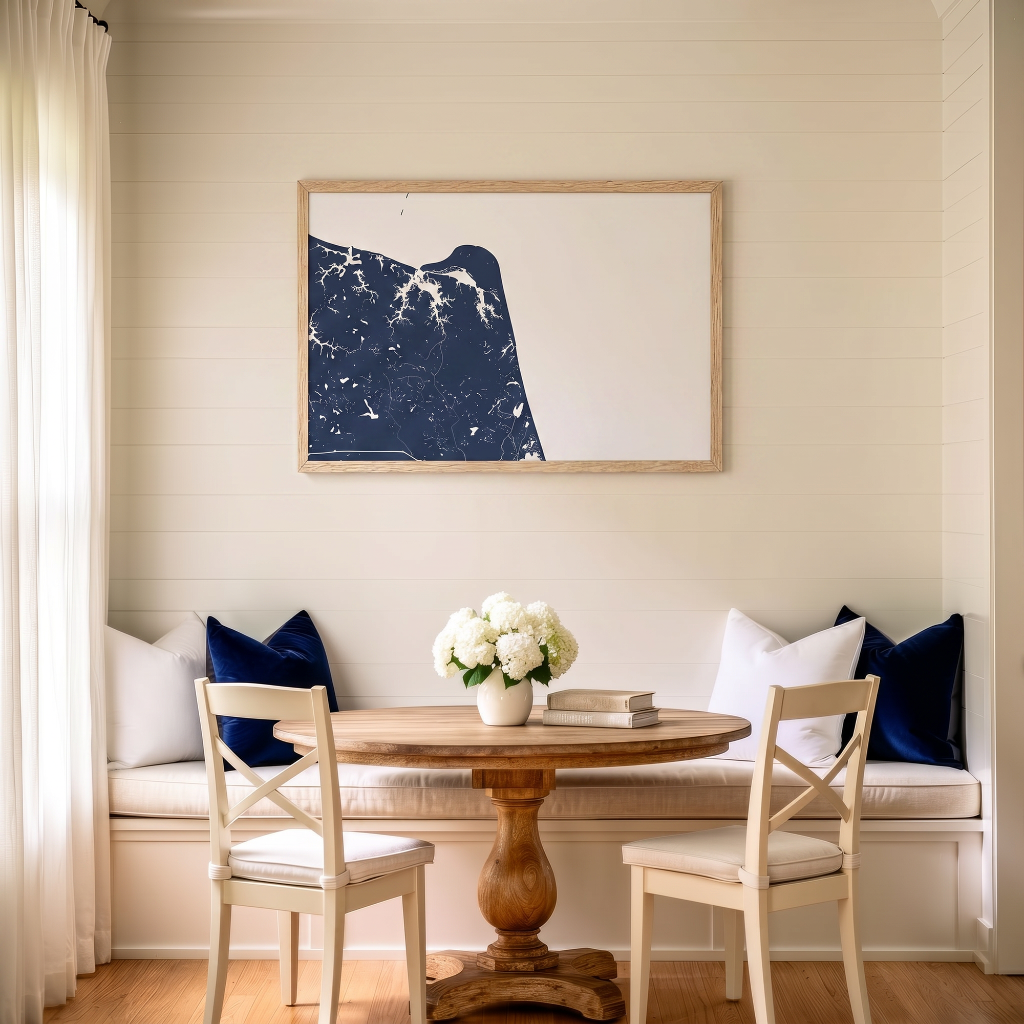 Virginia Beach matte map art in dining nook setting