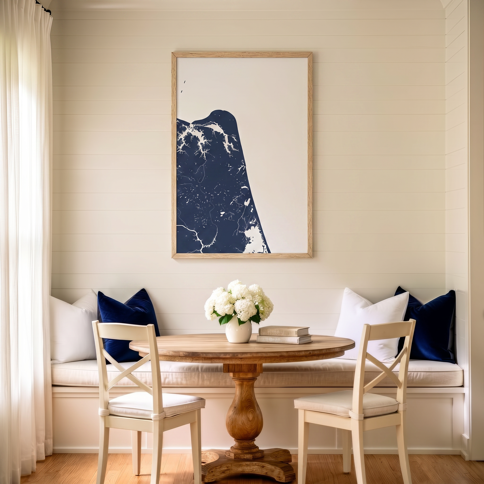 Virginia Beach matte map art in dining nook setting