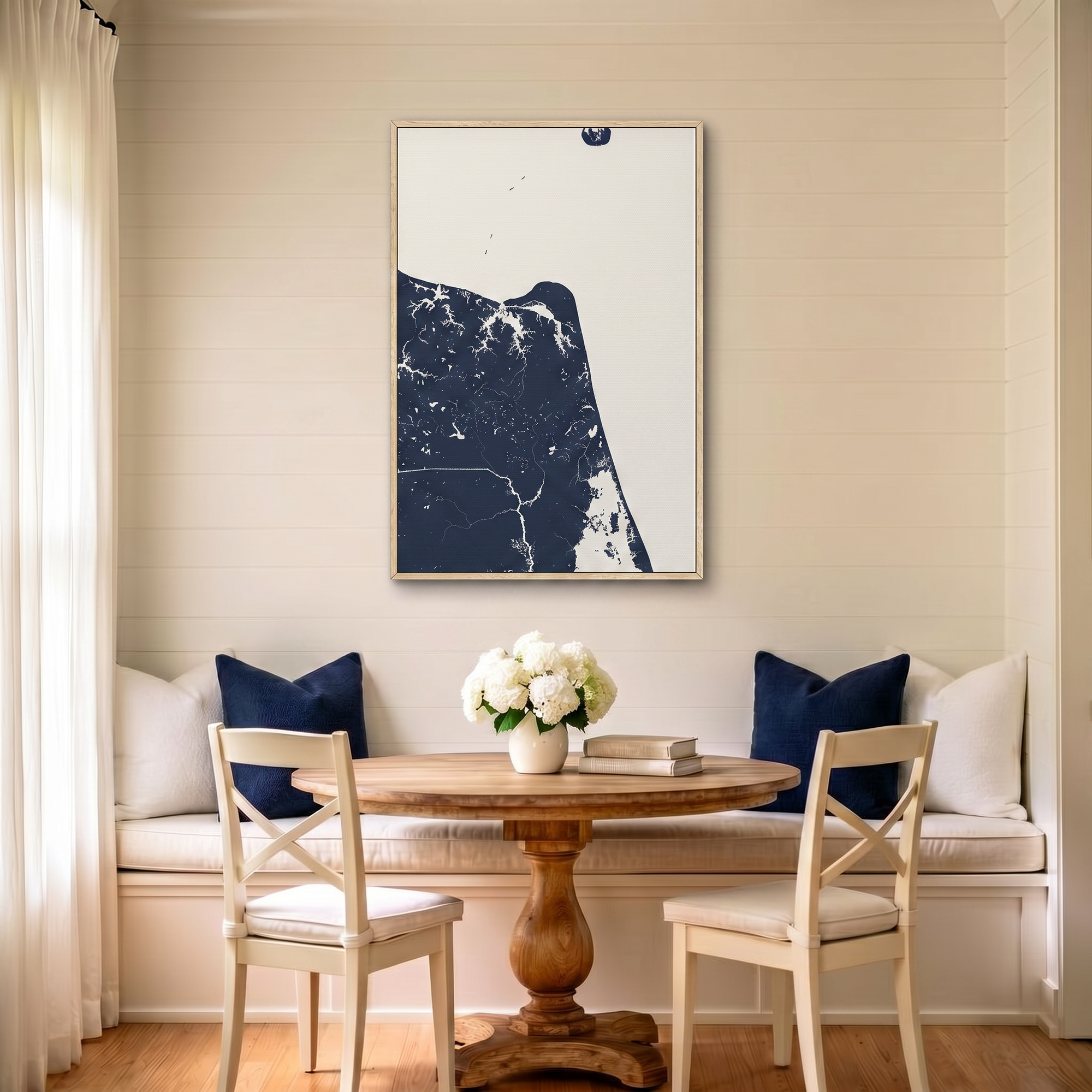 Virginia Beach canvas map art in dining nook setting