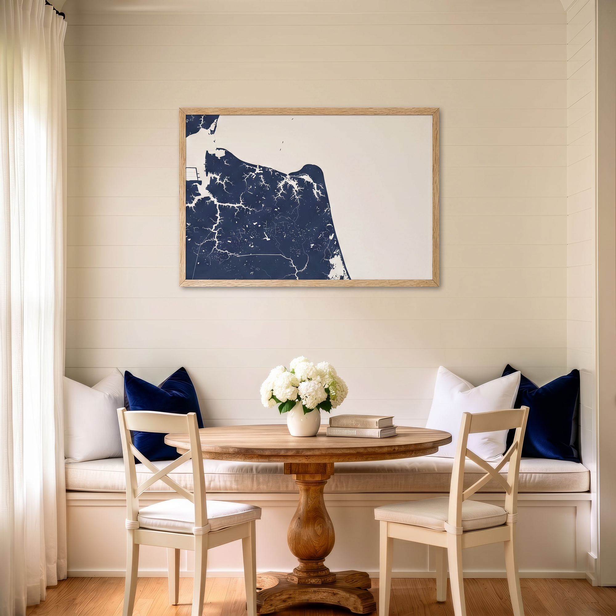 Virginia Beach matte map art in dining nook setting