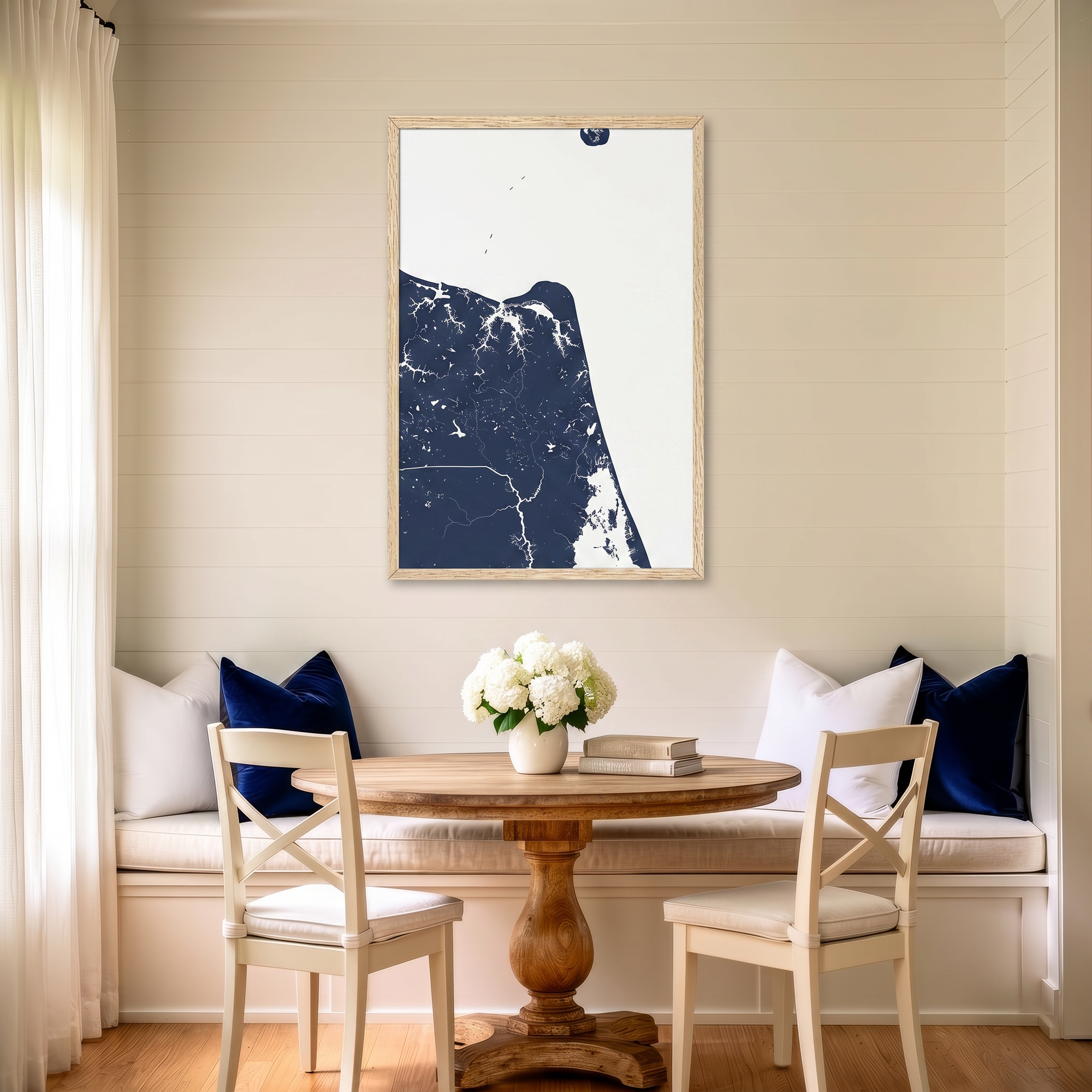 Virginia Beach matte map art in dining nook setting