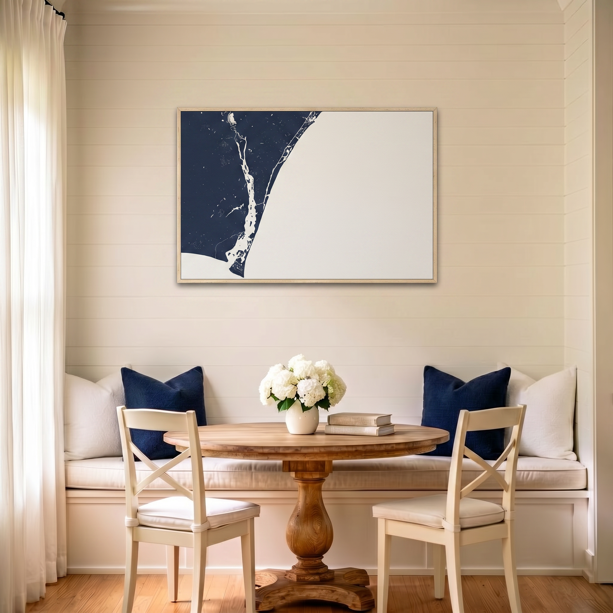 Wilmington canvas map art in dining nook setting