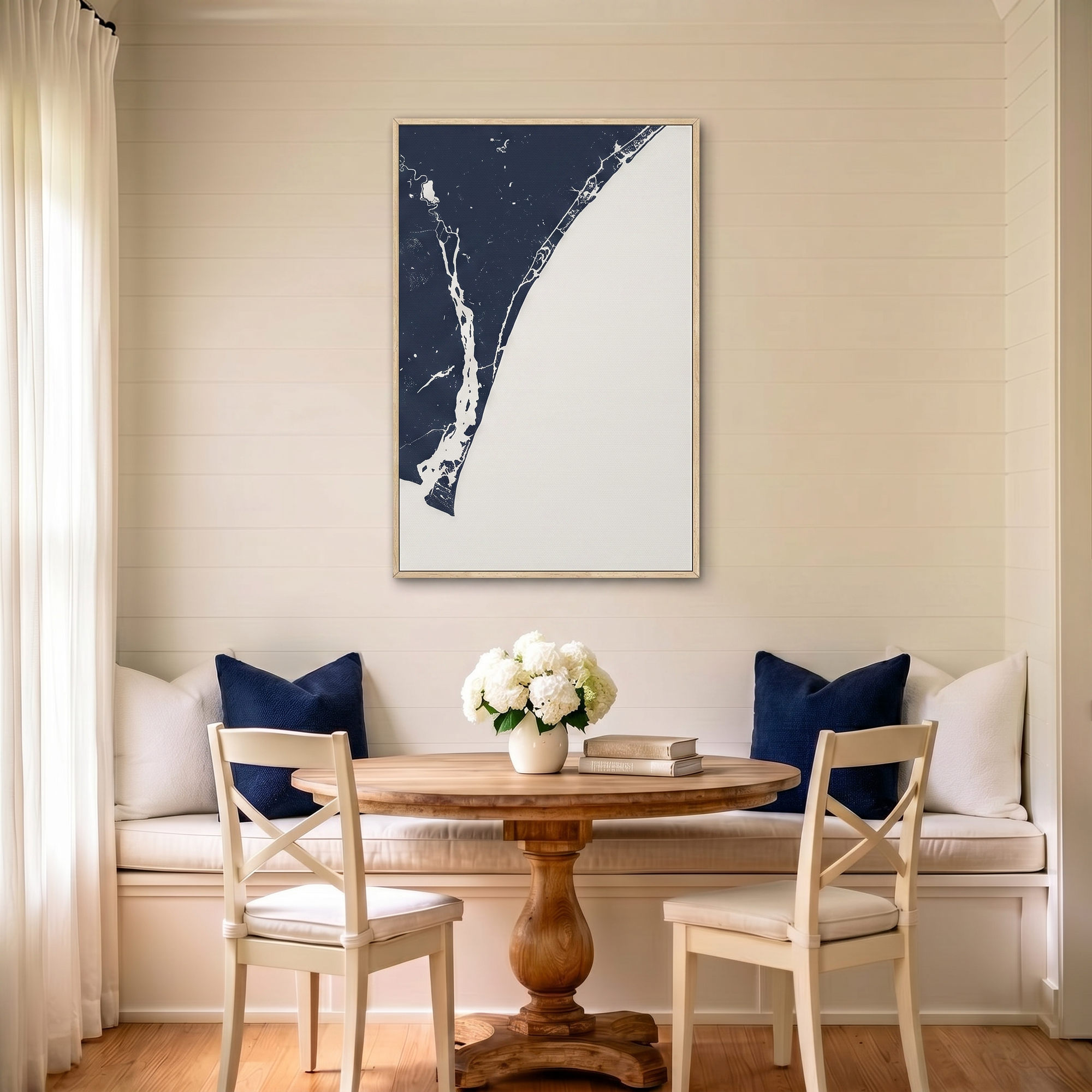 Wilmington canvas map art in dining nook setting