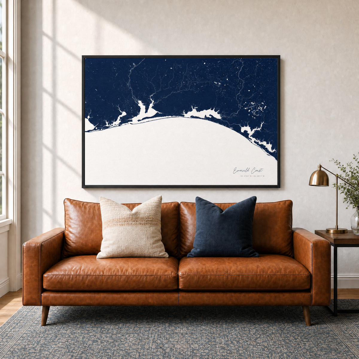 Emerald Coast canvas map — two-pillow black-frame sofa interior