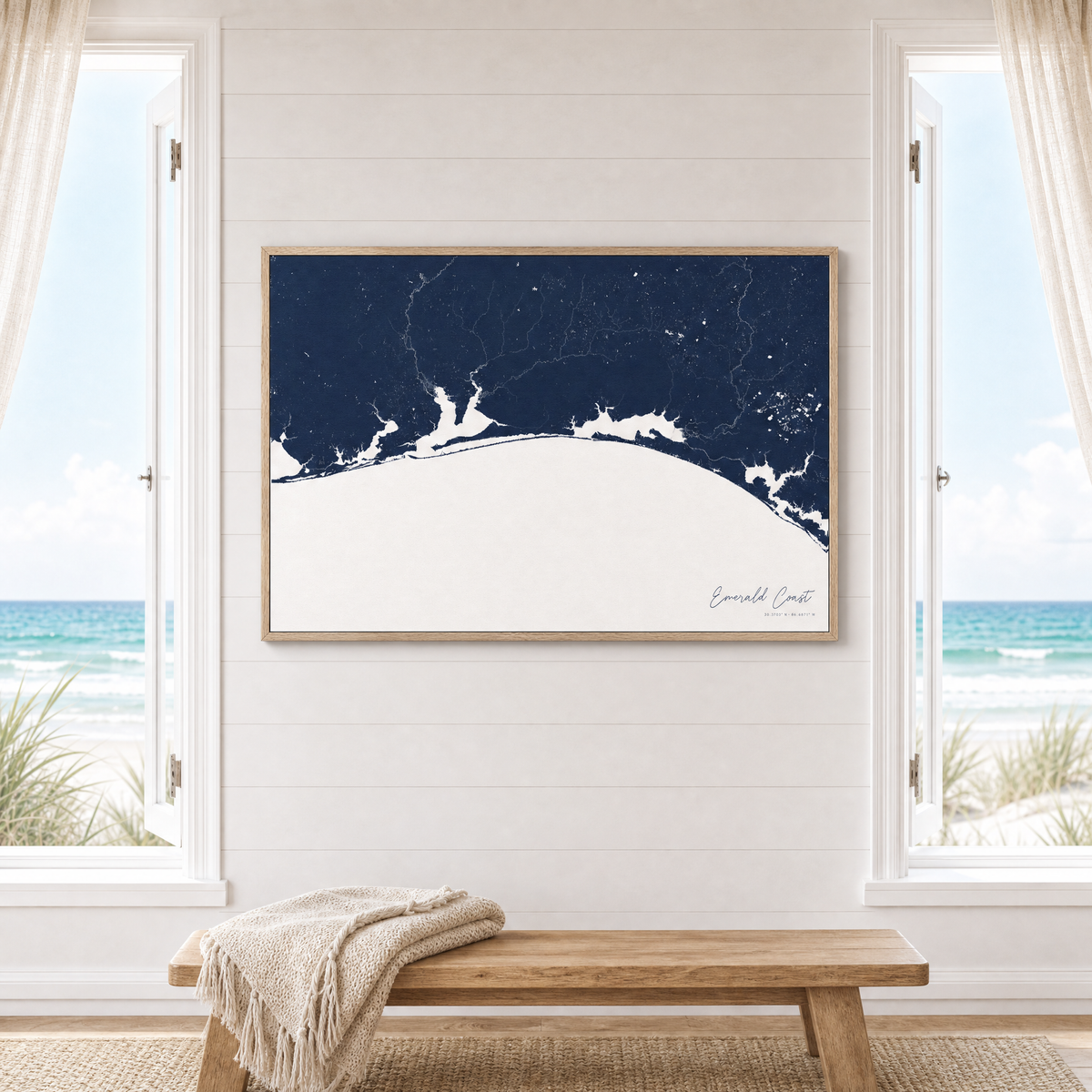Emerald Coast canvas map — window-scene interior