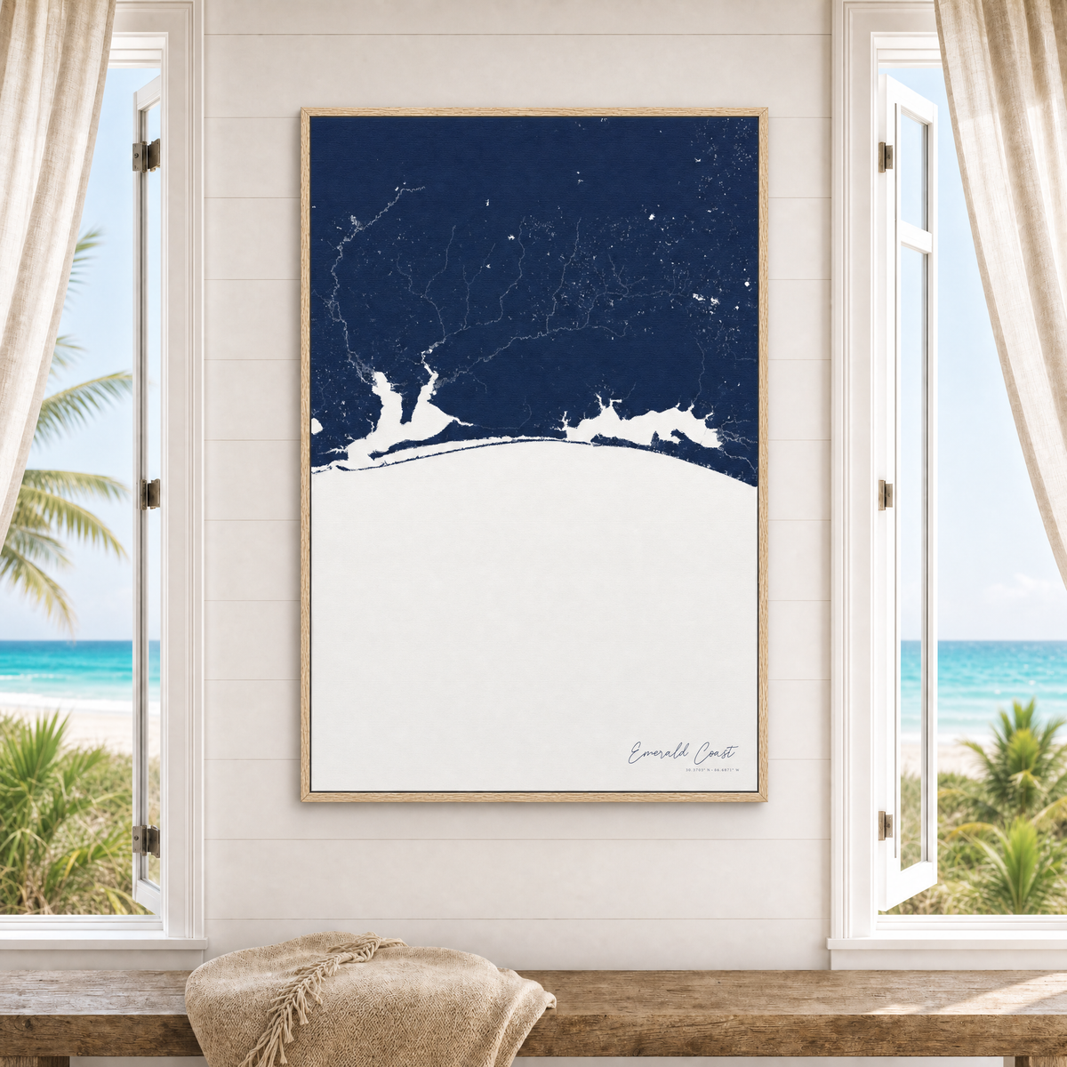 Emerald Coast canvas map — window-scene interior