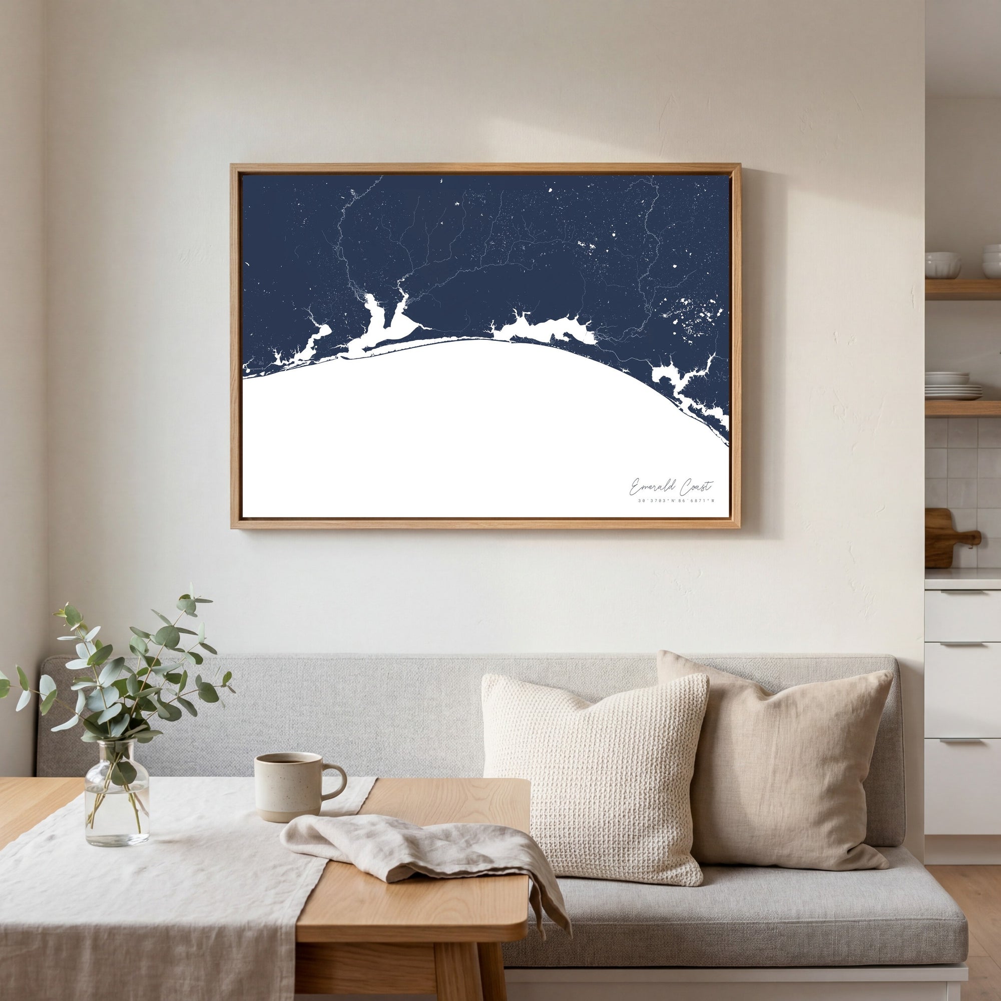 Emerald Coast navy horizontal canvas map in an oak framed room scene