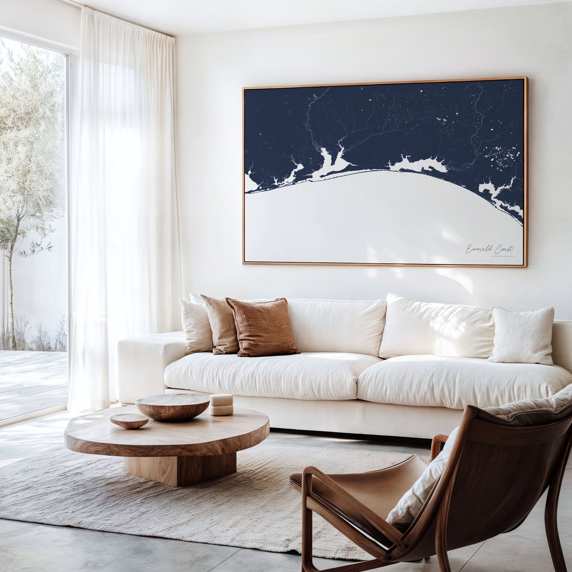 Emerald Coast navy horizontal canvas map in an oak framed room scene