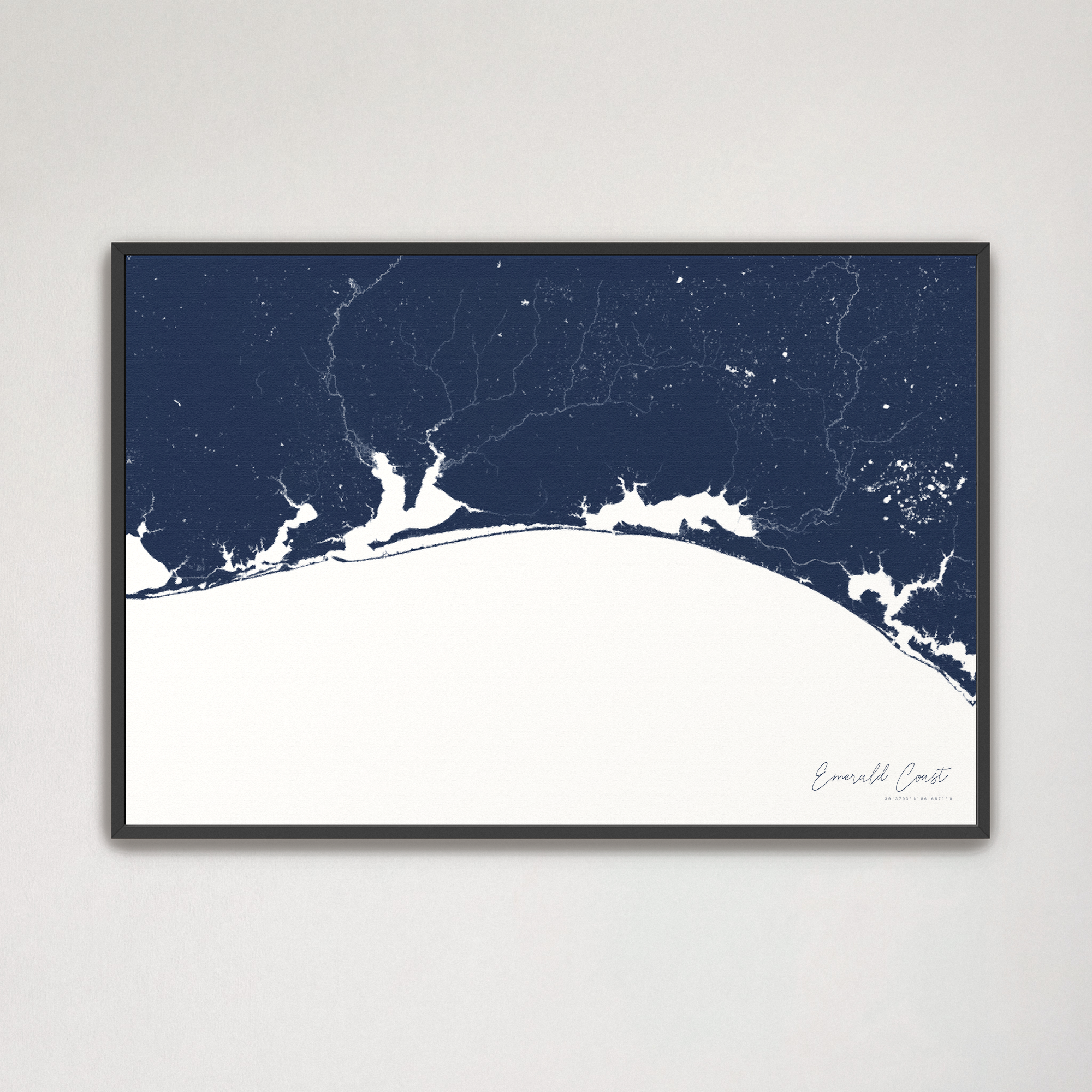 Emerald Coast Coastal Map — Canvas Horizontal, navy, Black Frame