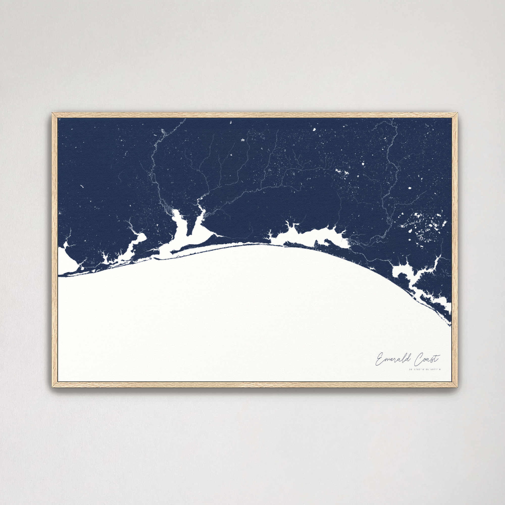 Emerald Coast Coastal Map — Canvas Horizontal, navy, Natural Oak