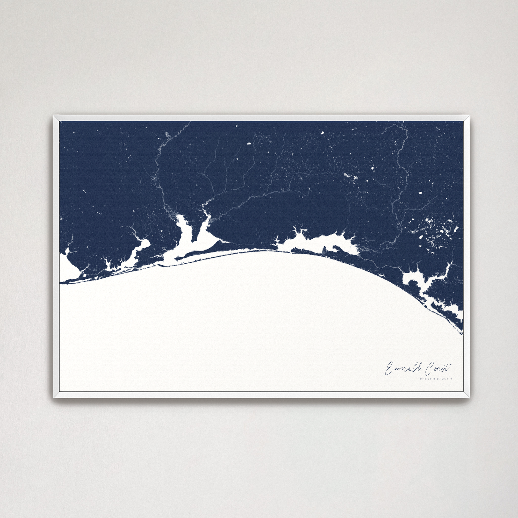 Emerald Coast Coastal Map — Canvas Horizontal, navy, White Frame