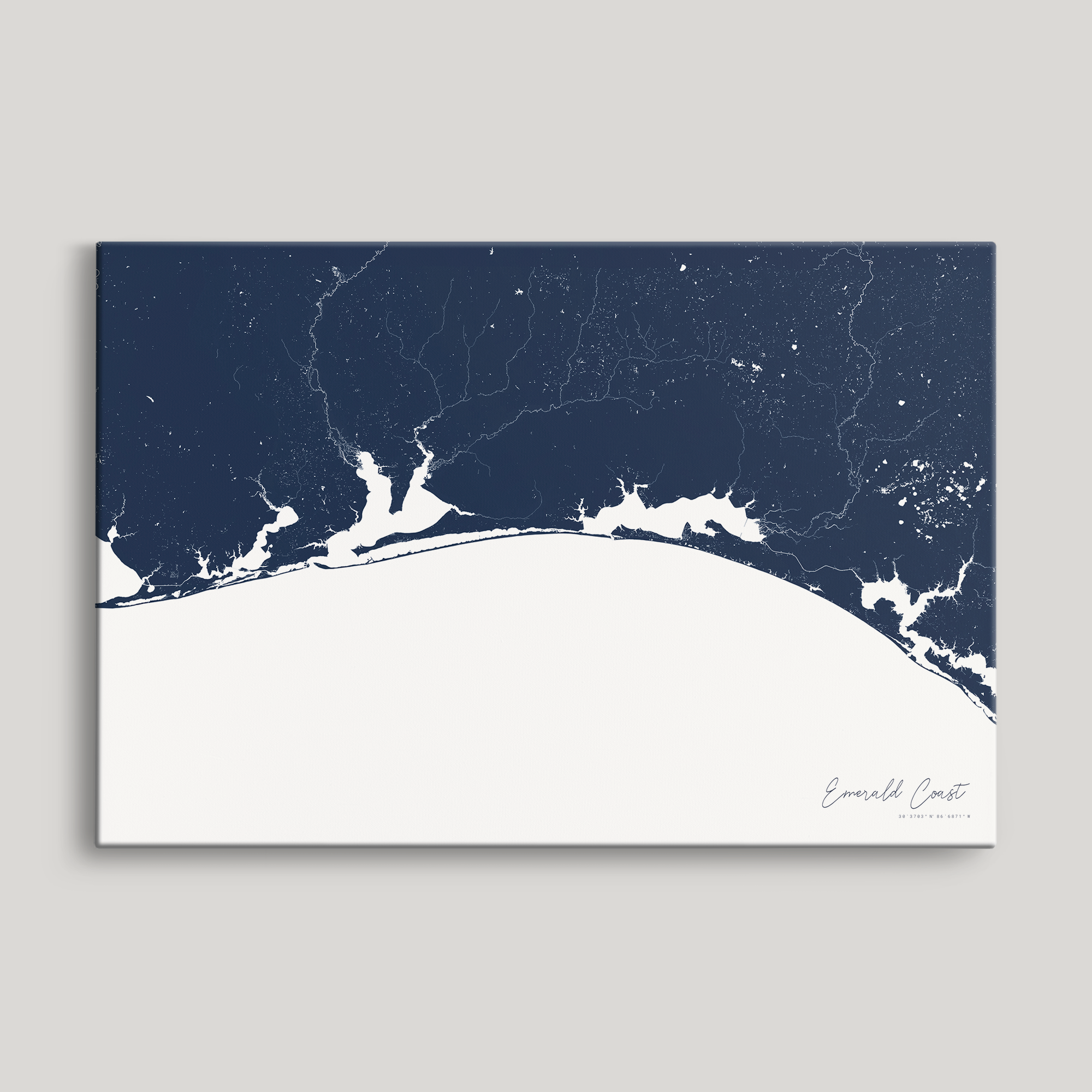 Emerald Coast Coastal Map — Canvas Horizontal, navy, No Frame