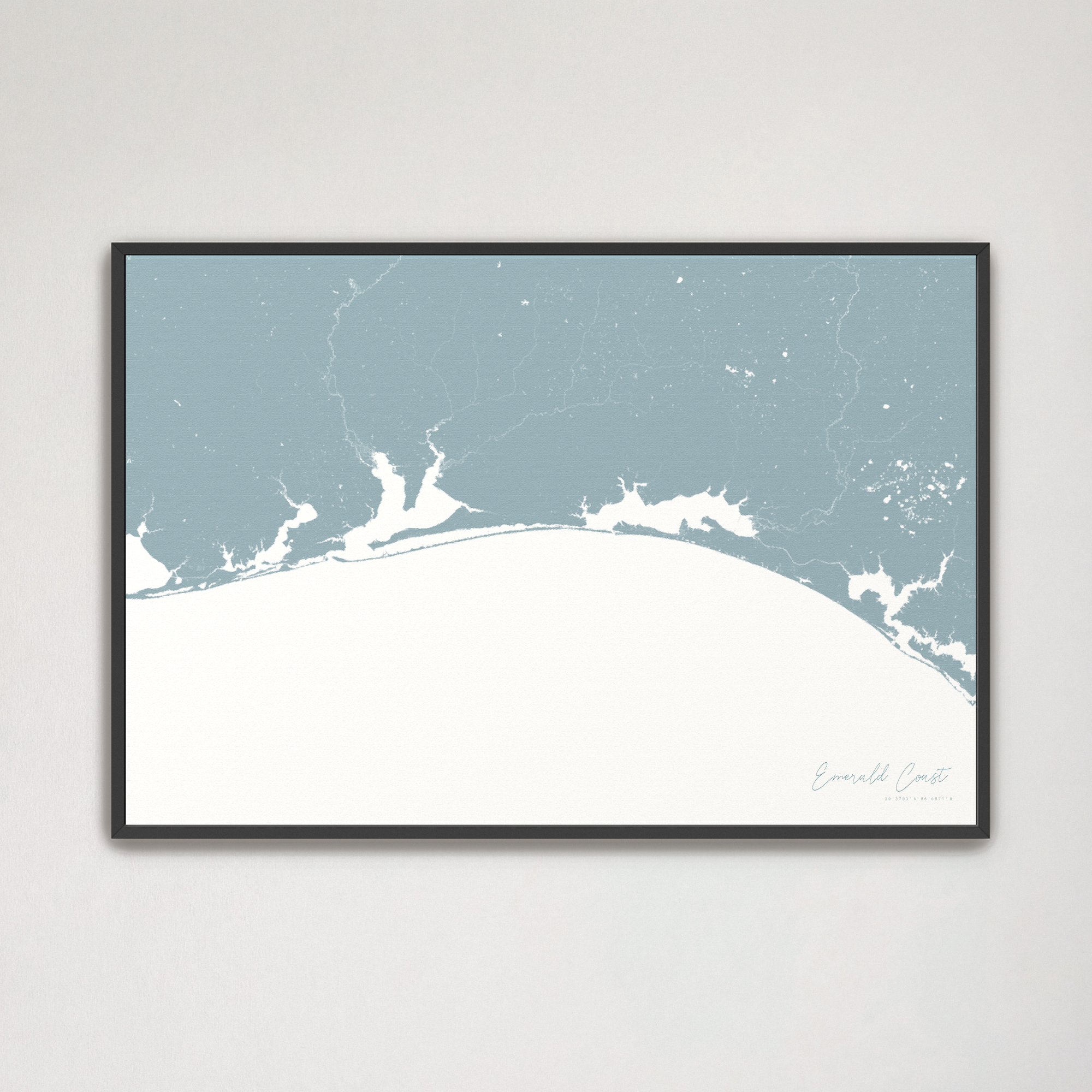 Emerald Coast Coastal Map — Canvas Horizontal, soft-blue, Black Frame