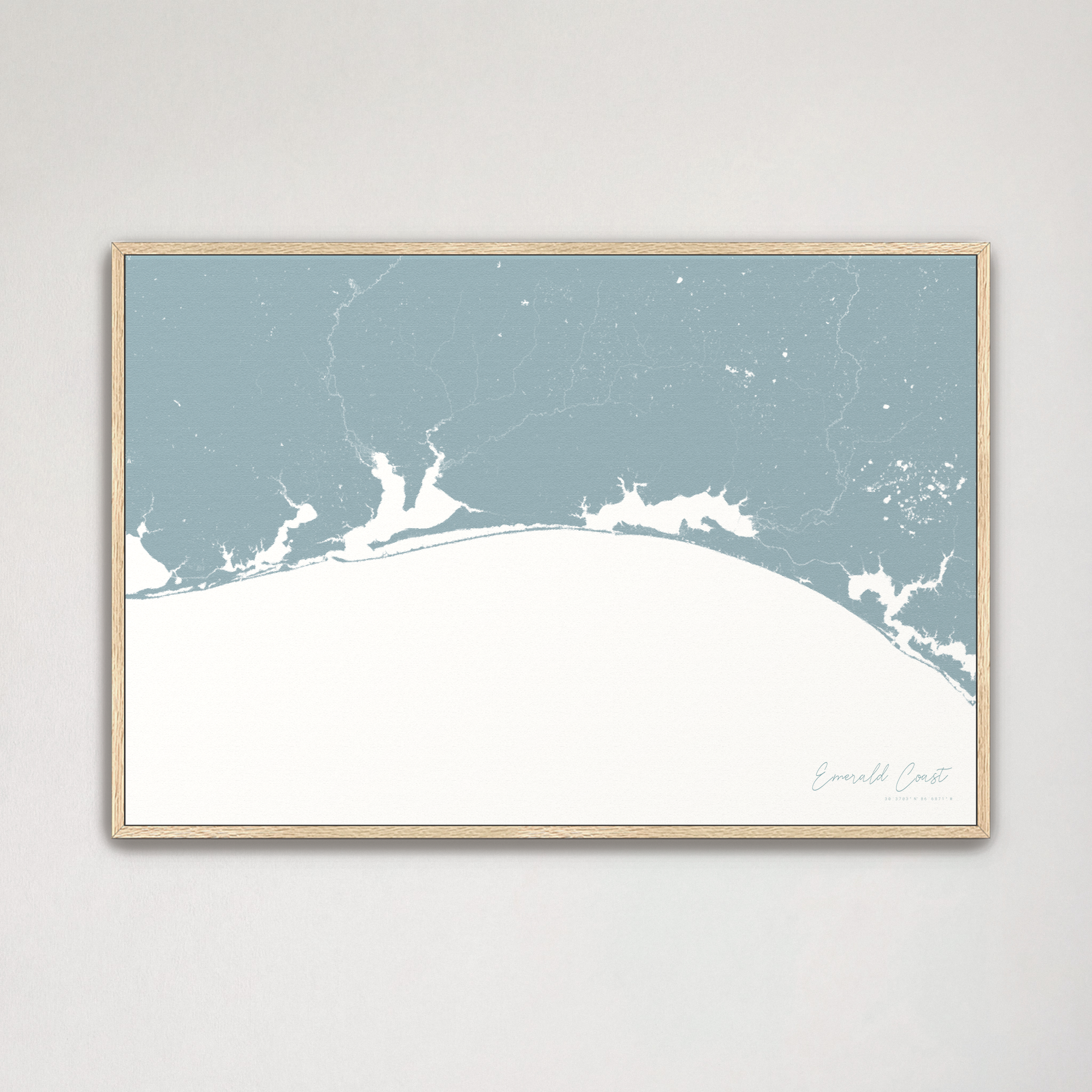 Emerald Coast Coastal Map — Canvas Horizontal, soft-blue, Natural Oak