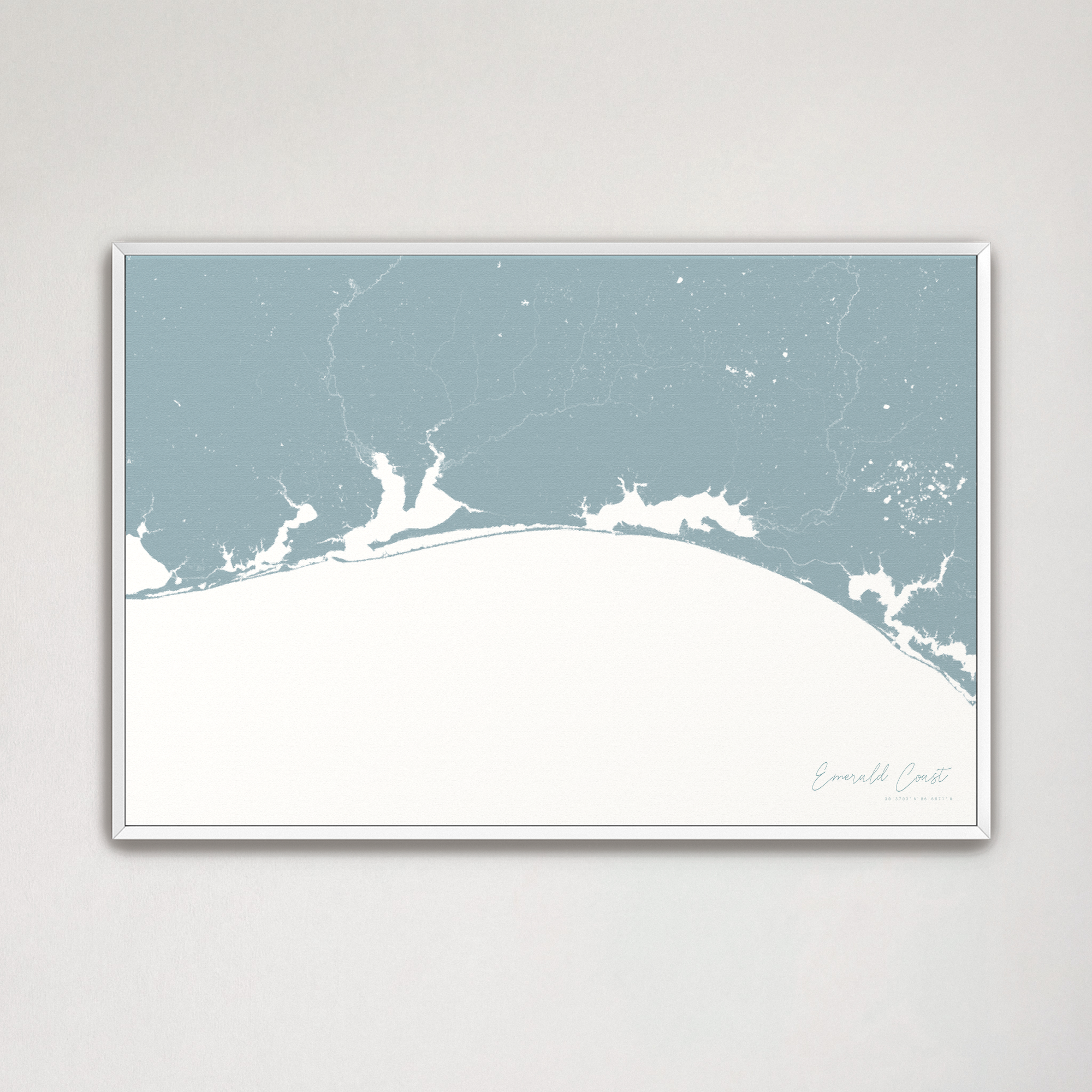 Emerald Coast Coastal Map — Canvas Horizontal, soft-blue, White Frame