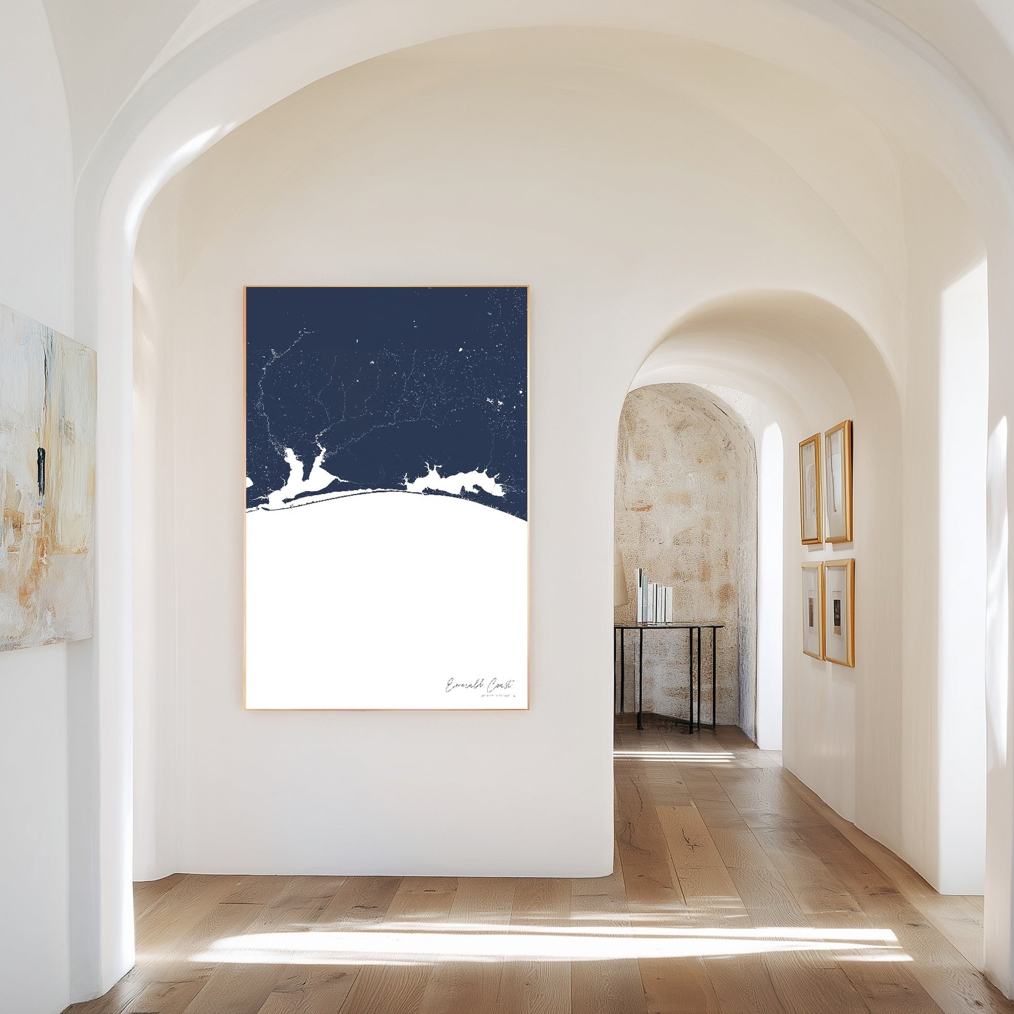Emerald Coast navy vertical canvas map in the Bello mixed room scene