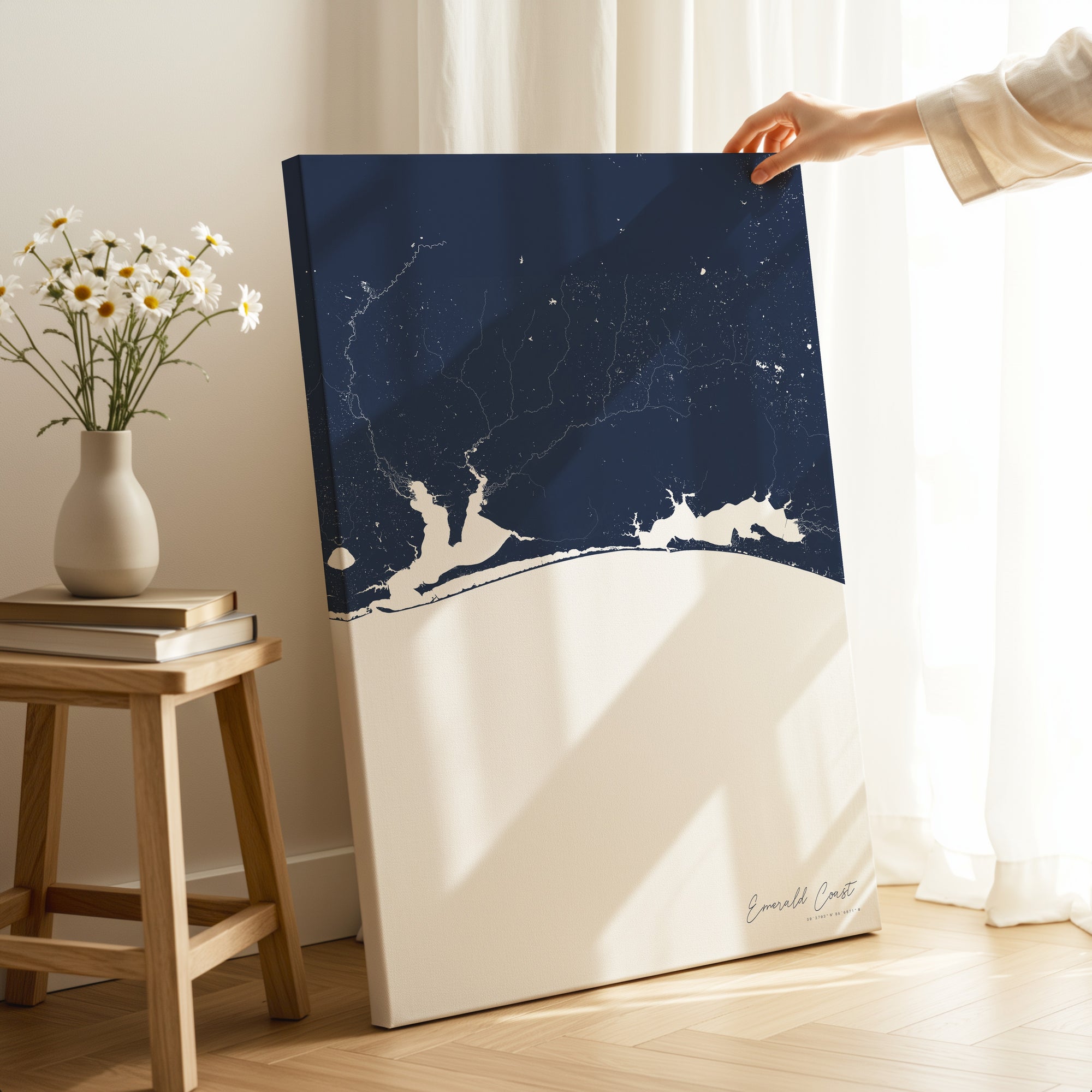 Emerald Coast navy vertical wrapped canvas map in the ratio 2:3 hand mockup