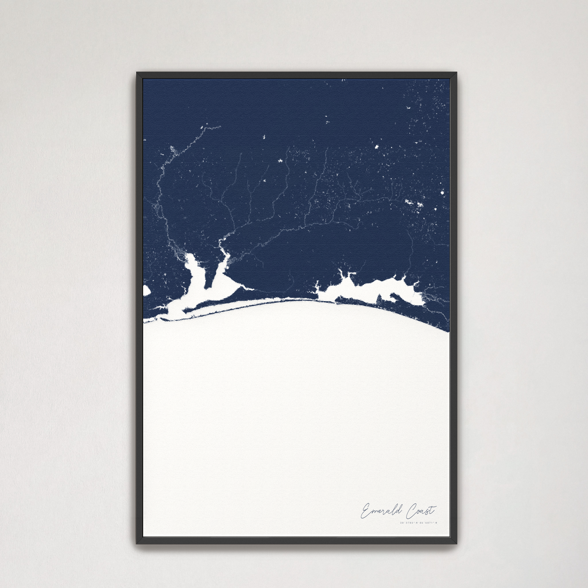 Emerald Coast Coastal Map — Canvas Vertical, navy, Black Frame