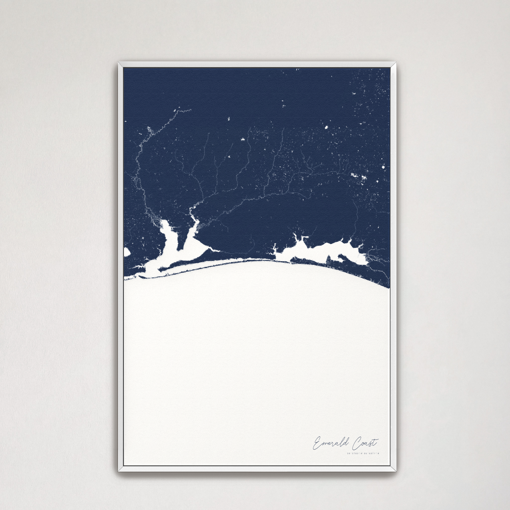 Emerald Coast Coastal Map — Canvas Vertical, navy, White Frame