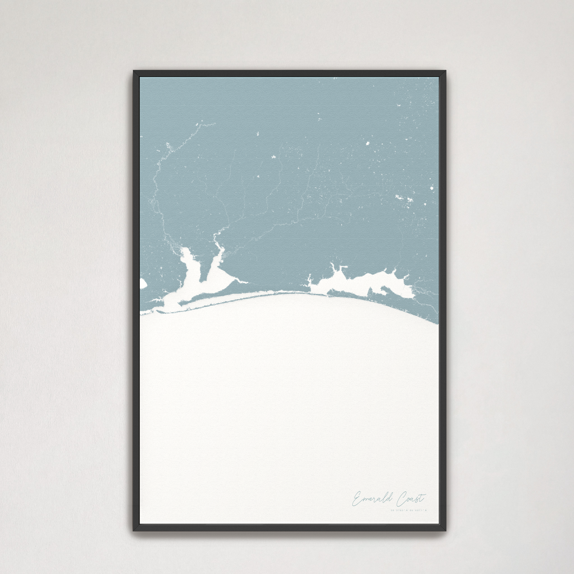 Emerald Coast Coastal Map — Canvas Vertical, soft-blue, Black Frame