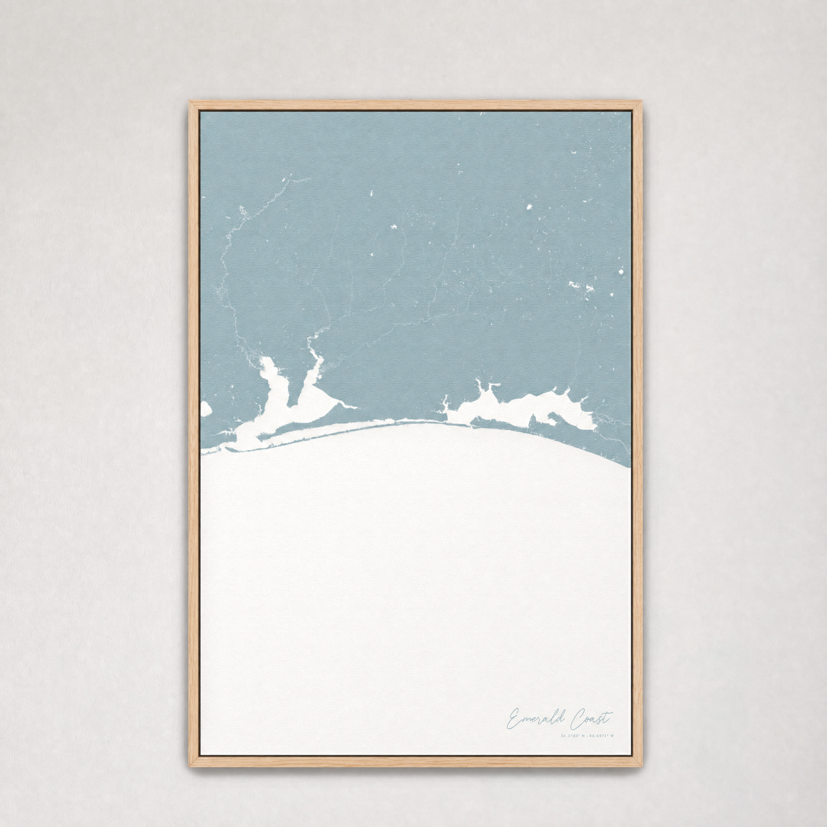 Emerald Coast Coastal Map — Canvas Vertical — soft-blue, Light Wood