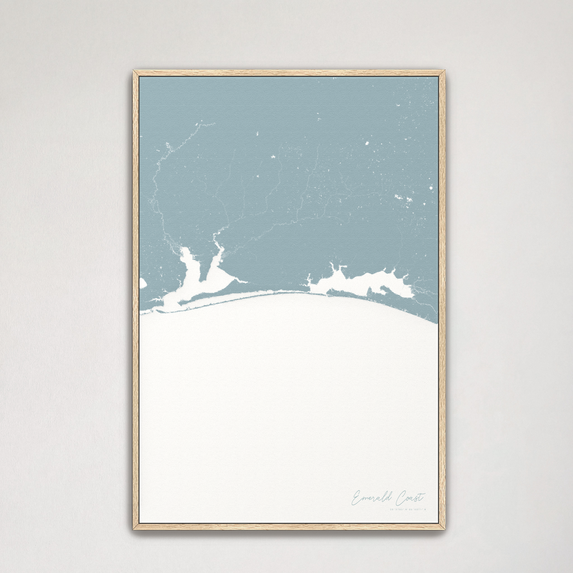 Emerald Coast Coastal Map — Canvas Vertical, soft-blue, Natural Oak