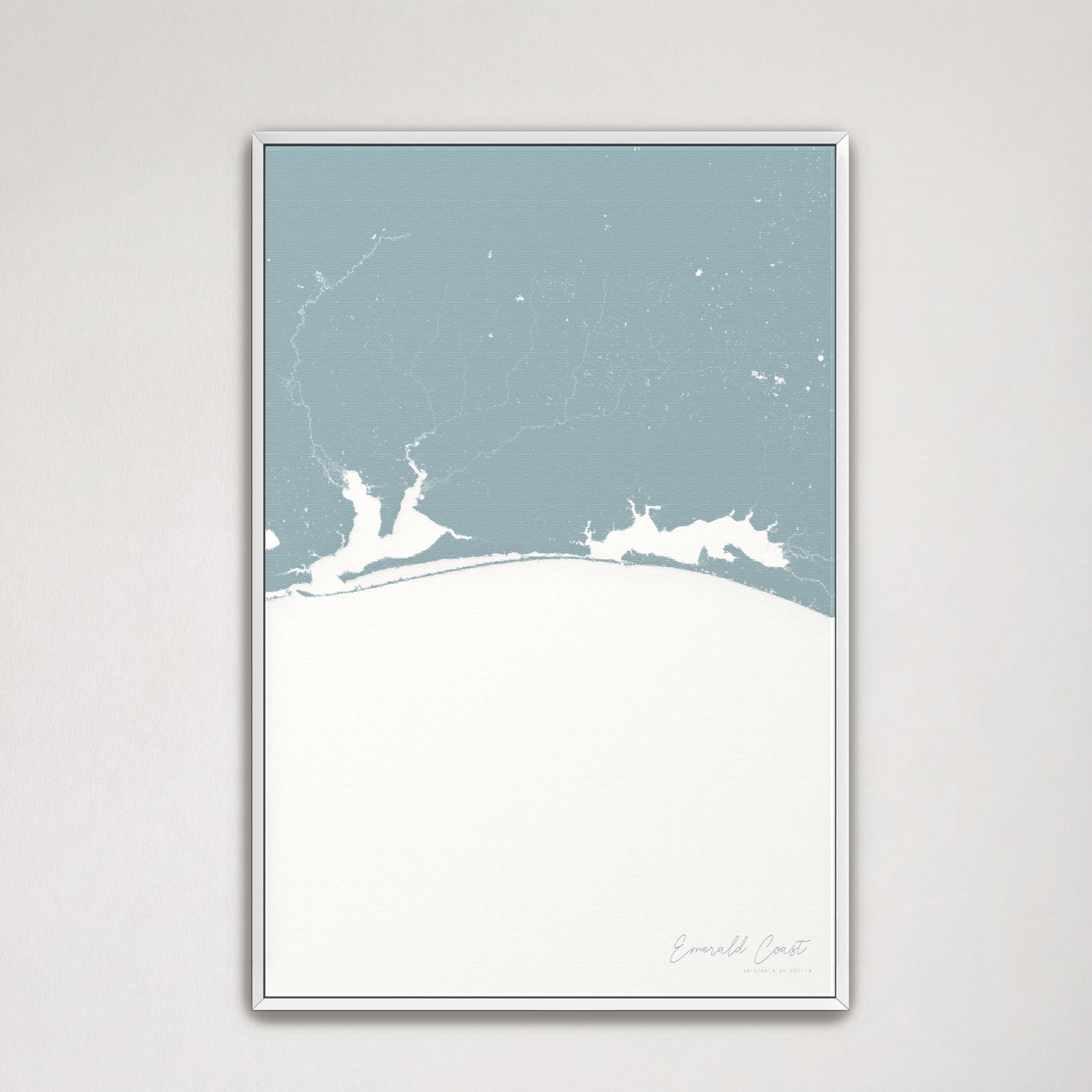 Emerald Coast Coastal Map — Canvas Vertical, soft-blue, White Frame