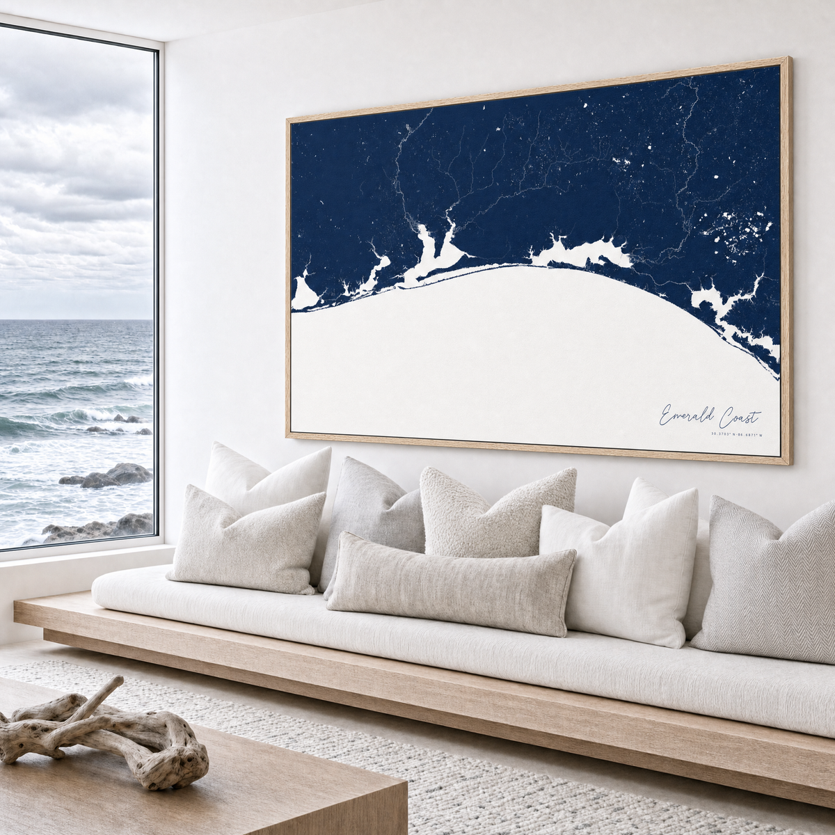 Emerald Coast canvas map — sea-view bench interior