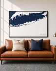 Fire Island canvas map — two-pillow black-frame sofa interior