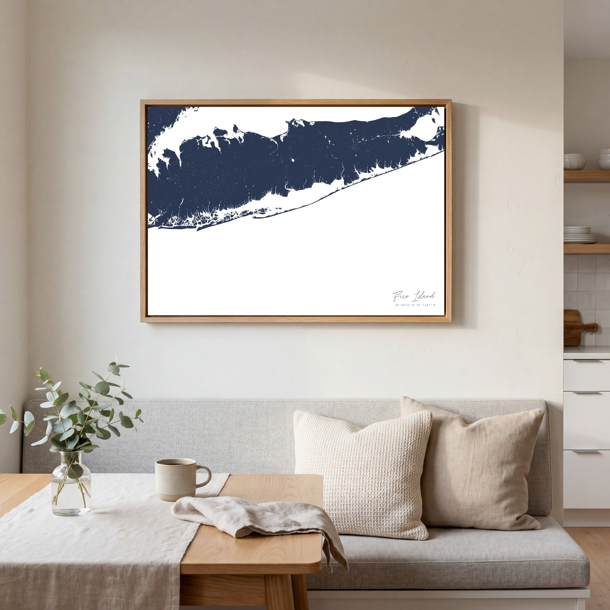 Fire Island navy horizontal canvas map in an oak framed room scene
