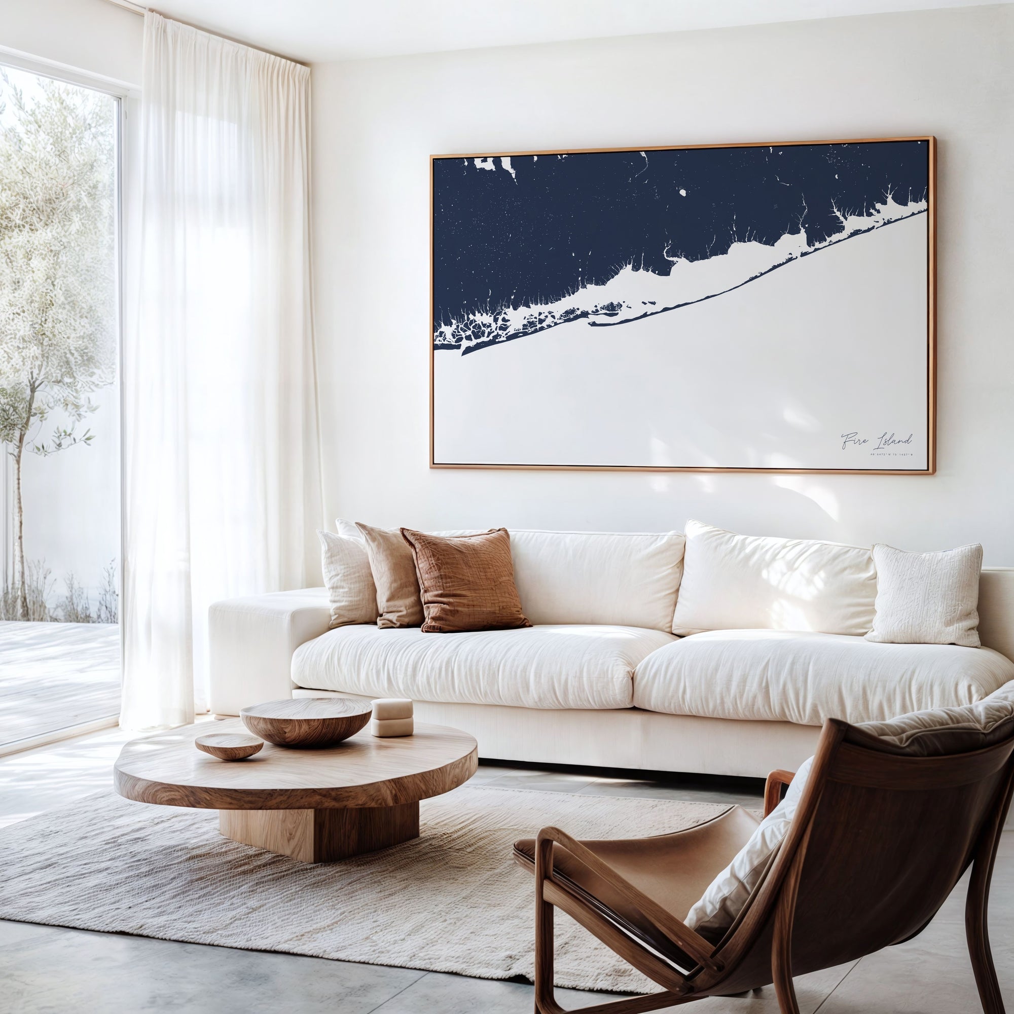 Fire Island navy horizontal canvas map in an oak framed room scene