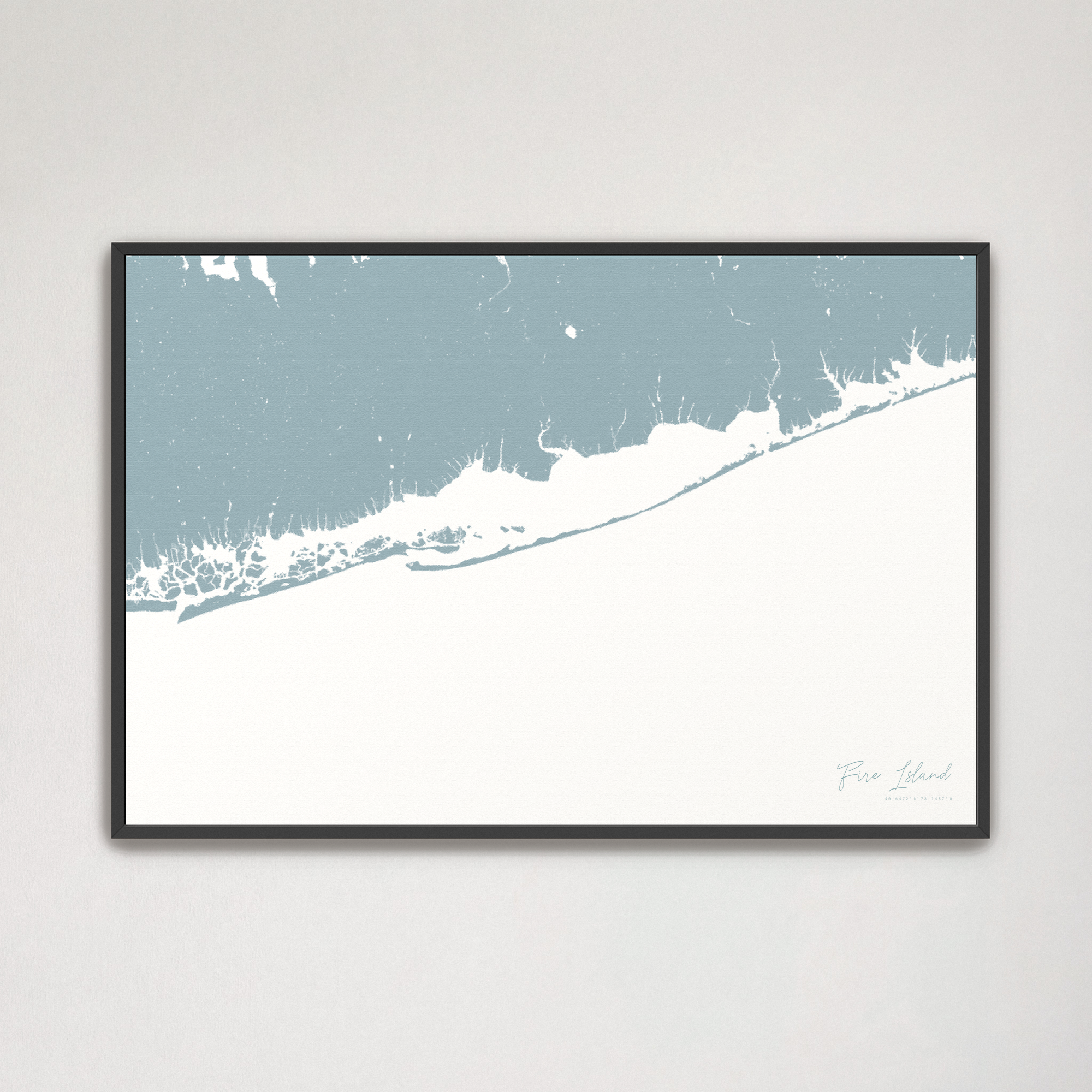 Fire Island Coastal Map — Canvas Horizontal, soft-blue, Black Frame