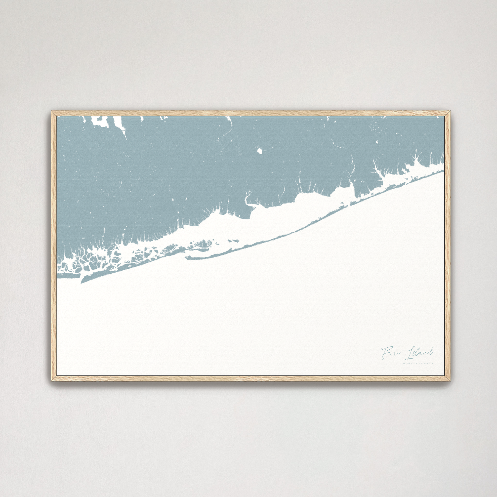 Fire Island Coastal Map — Canvas Horizontal, soft-blue, Natural Oak