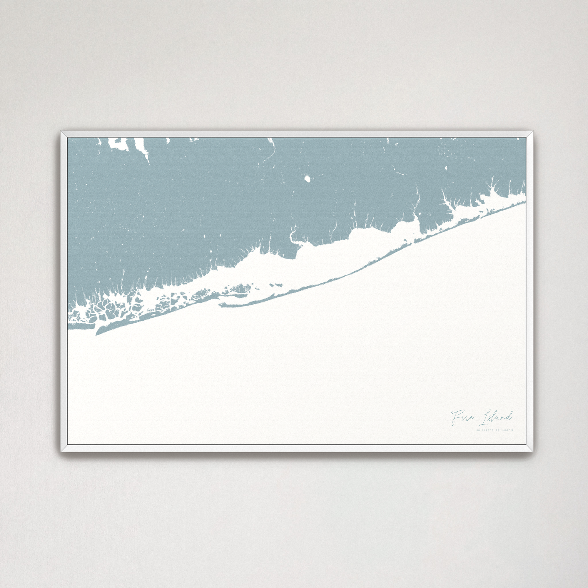 Fire Island Coastal Map — Canvas Horizontal, soft-blue, White Frame