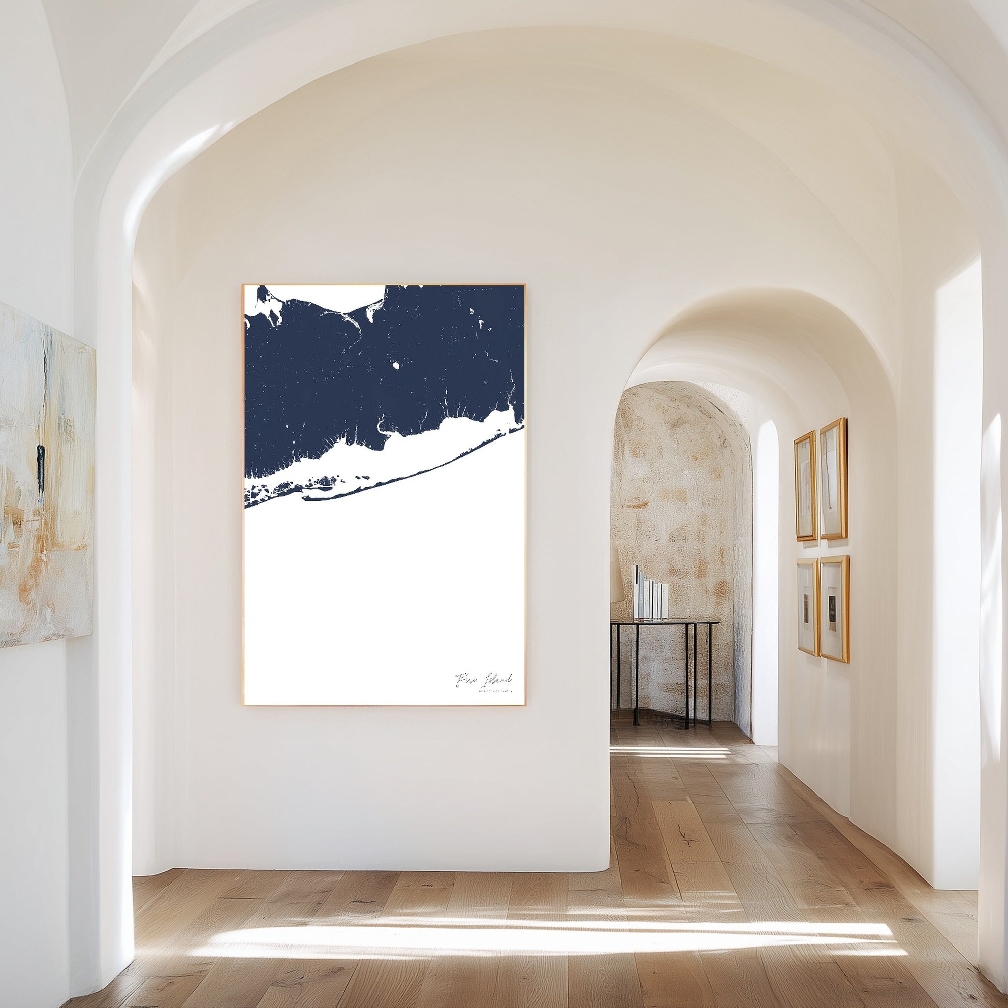 Fire Island navy vertical canvas map in the Bello mixed room scene