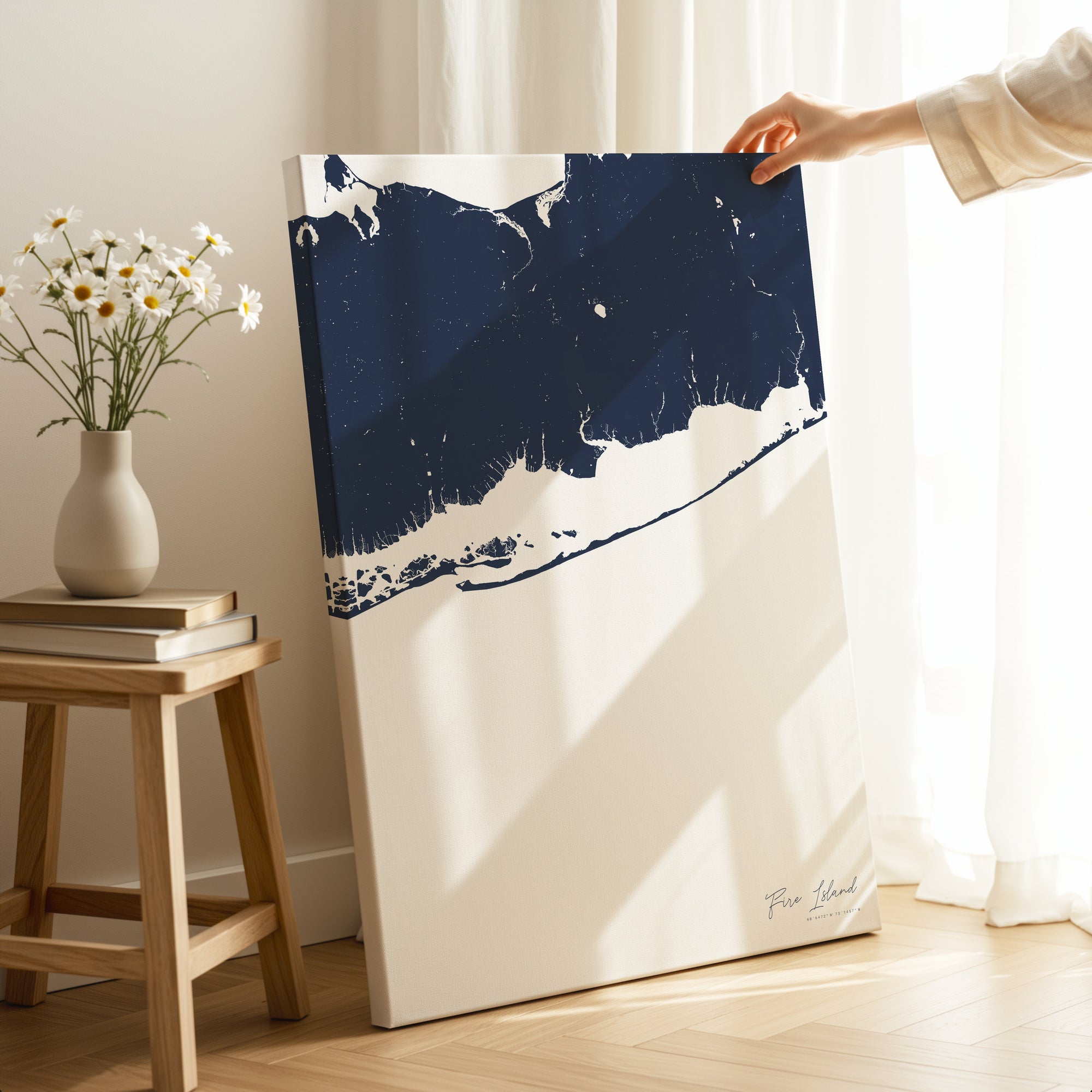 Fire Island navy vertical wrapped canvas map in the ratio 2:3 hand mockup